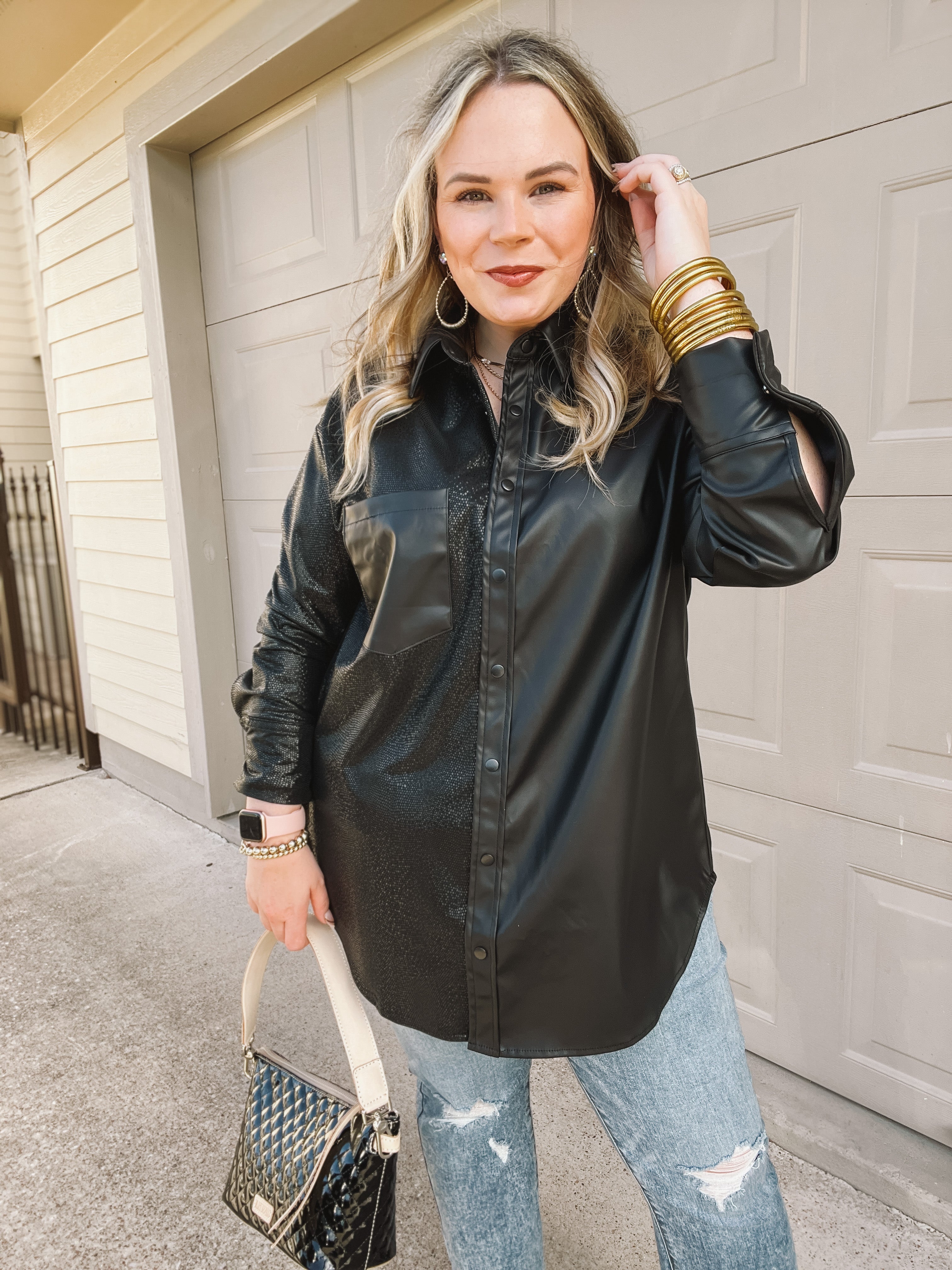Talk Sweetly Faux Leather Print Block Shacket in Black - Giddy Up Glamour Boutique