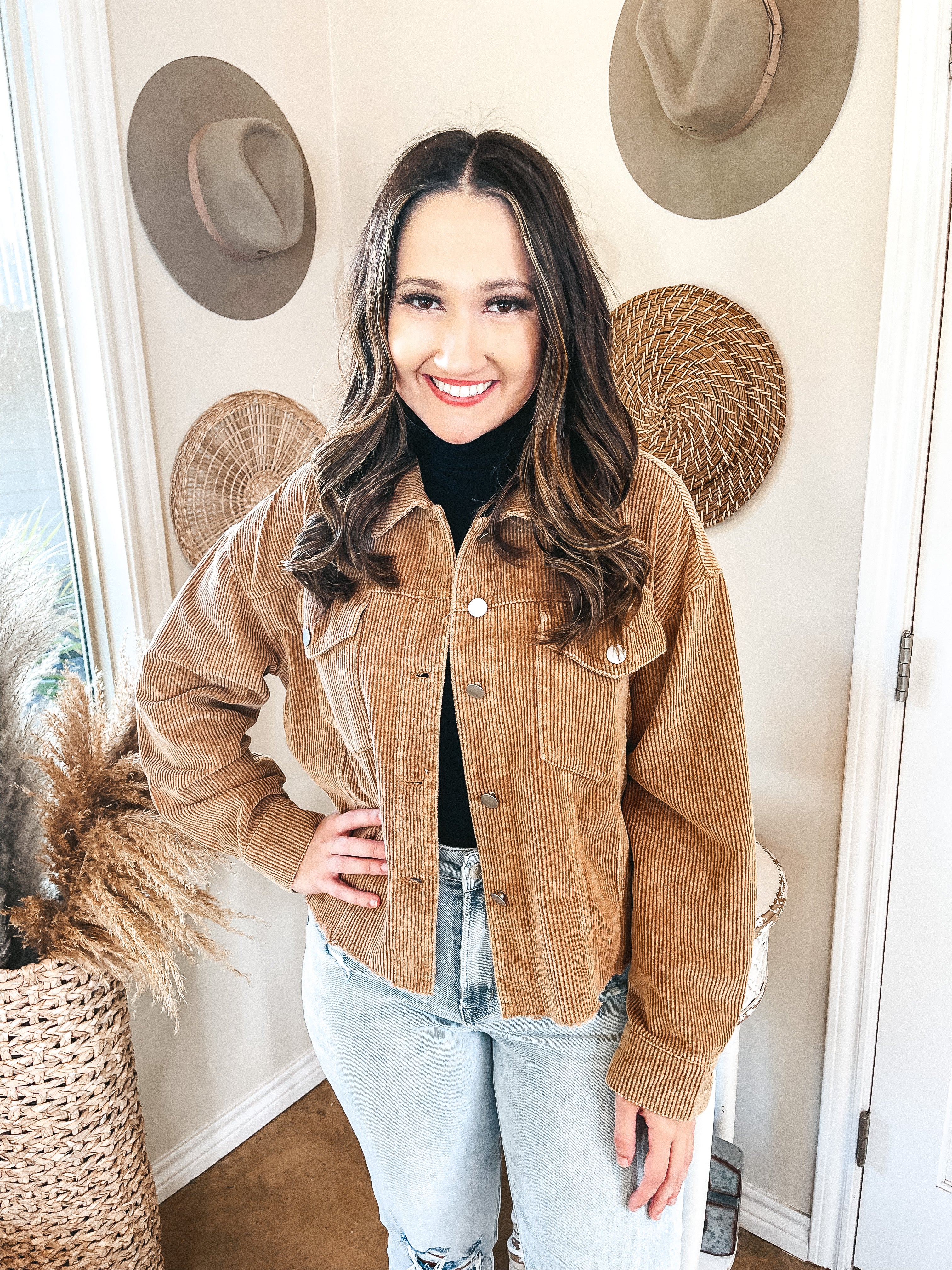 Edgy and Chic Button Up Corduroy Jacket with Raw Hem in Camel Brown - Giddy Up Glamour Boutique