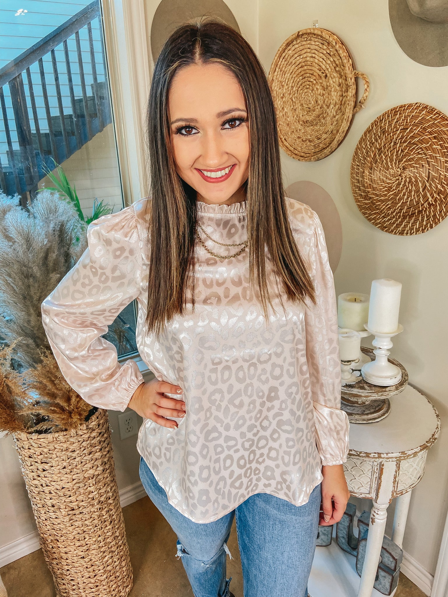 Styled in Shine Satin Leopard Print Long Sleeve Blouse in Ivory - Giddy Up Glamour Boutique