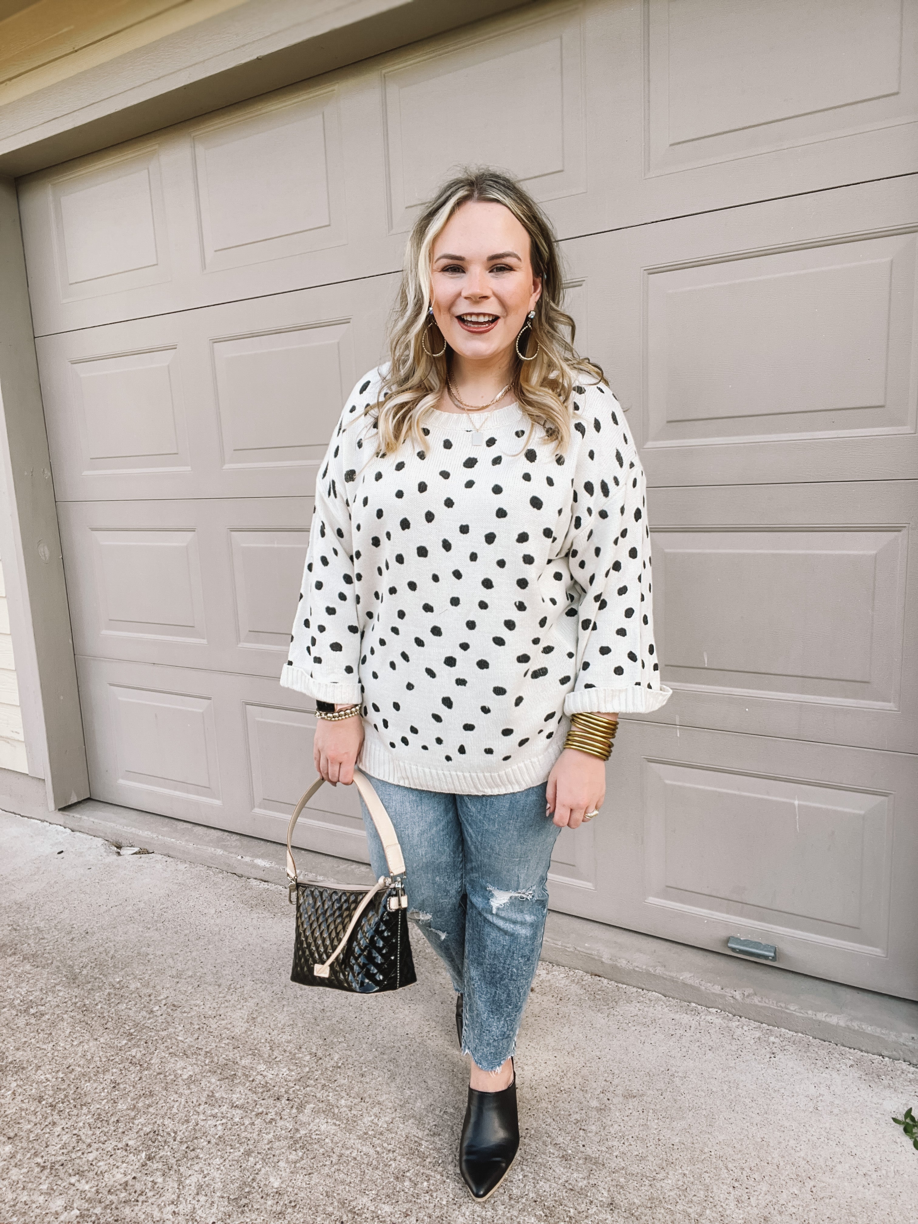 Iced Latte Love Wide 3/4 Sleeve Polka Dot Sweater in Ivory - Giddy Up Glamour Boutique