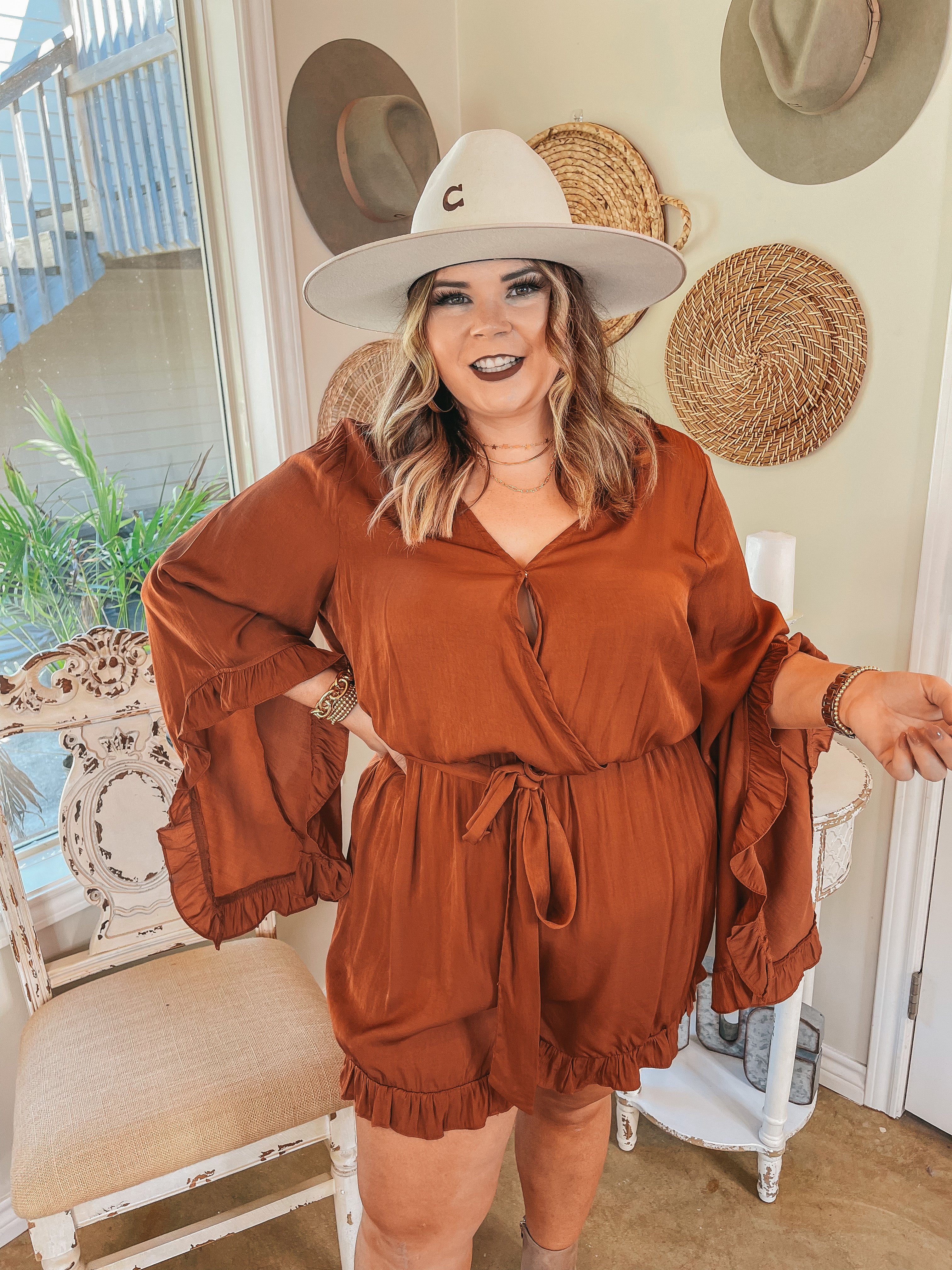 Something More Ruffle Trim Long Sleeve Satin Romper in Rust - Giddy Up Glamour Boutique