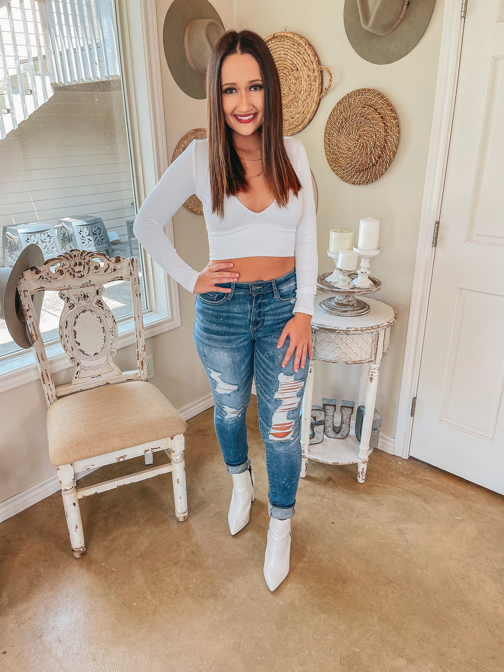 Flirty Phase Deep V Neck Long Sleeve Crop Top in White - Giddy Up Glamour Boutique