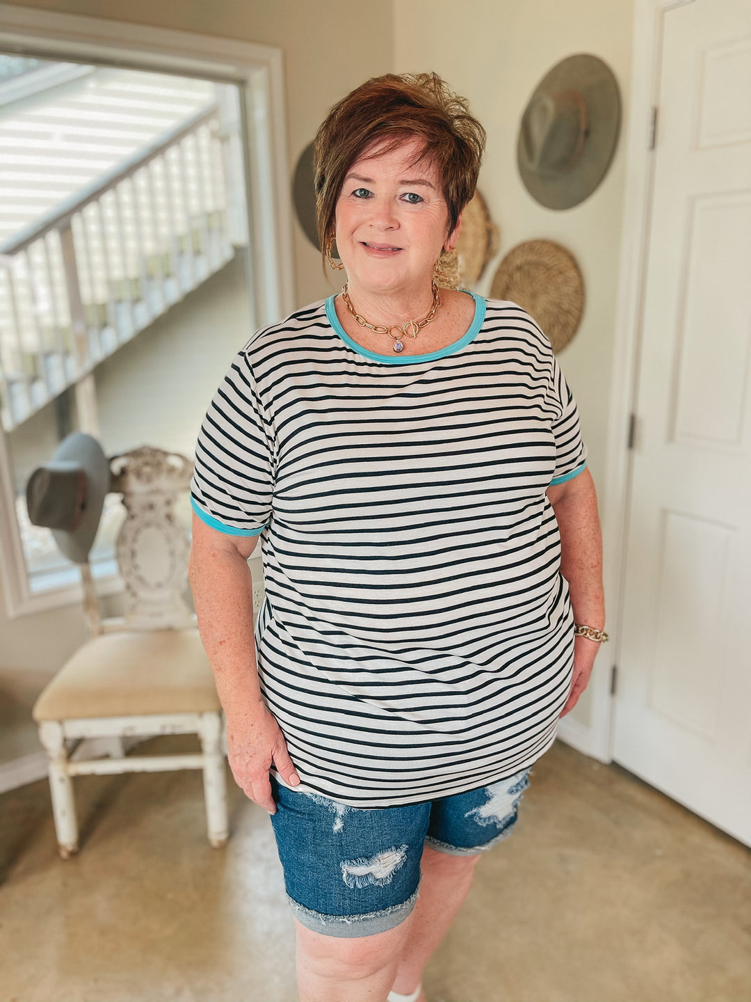 Last Chance Size S, M, & 2XL | Sunday Drive Black and Ivory Striped Short Sleeve Top with Mint Trim - Giddy Up Glamour Boutique