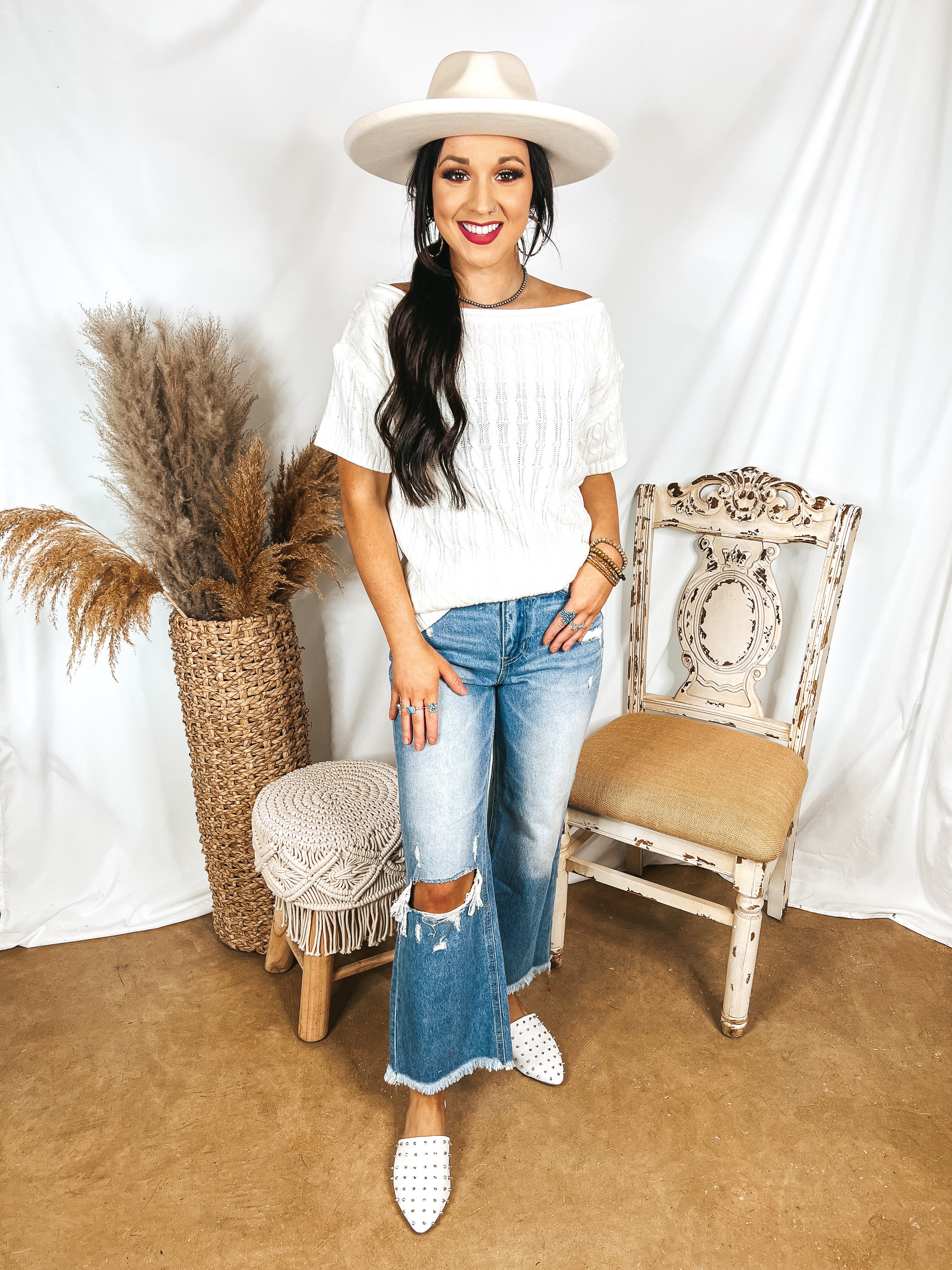 Day Date Short Sleeve Sweater with Scoop Neckline in Ivory - Giddy Up Glamour Boutique