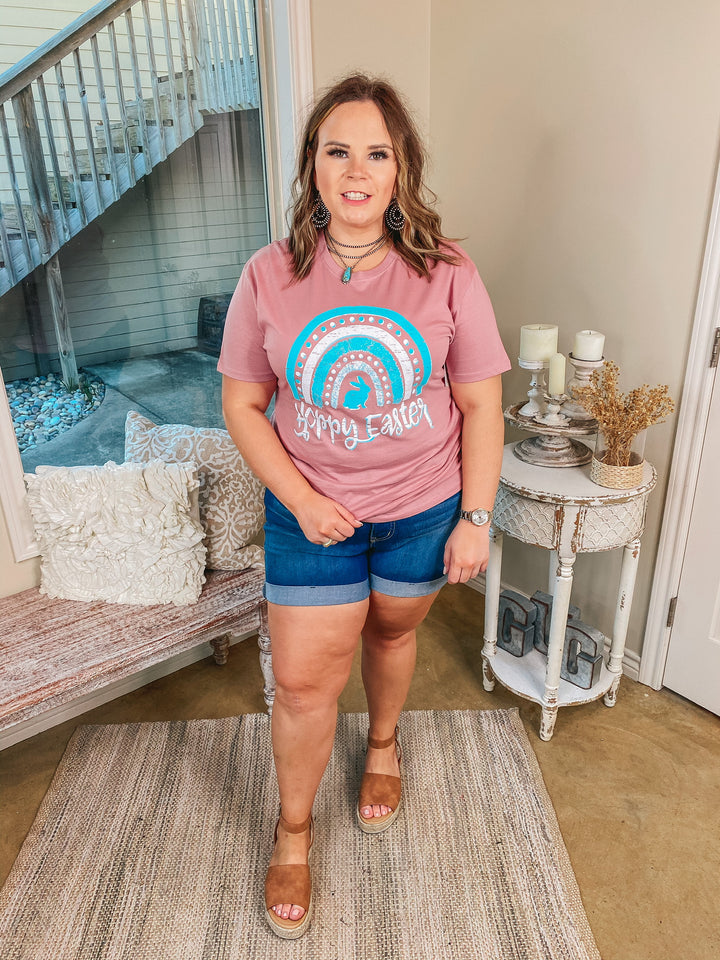 Hoppy Easter Rainbow Short Sleeve Graphic Tee in Mauve Pink - Giddy Up Glamour Boutique