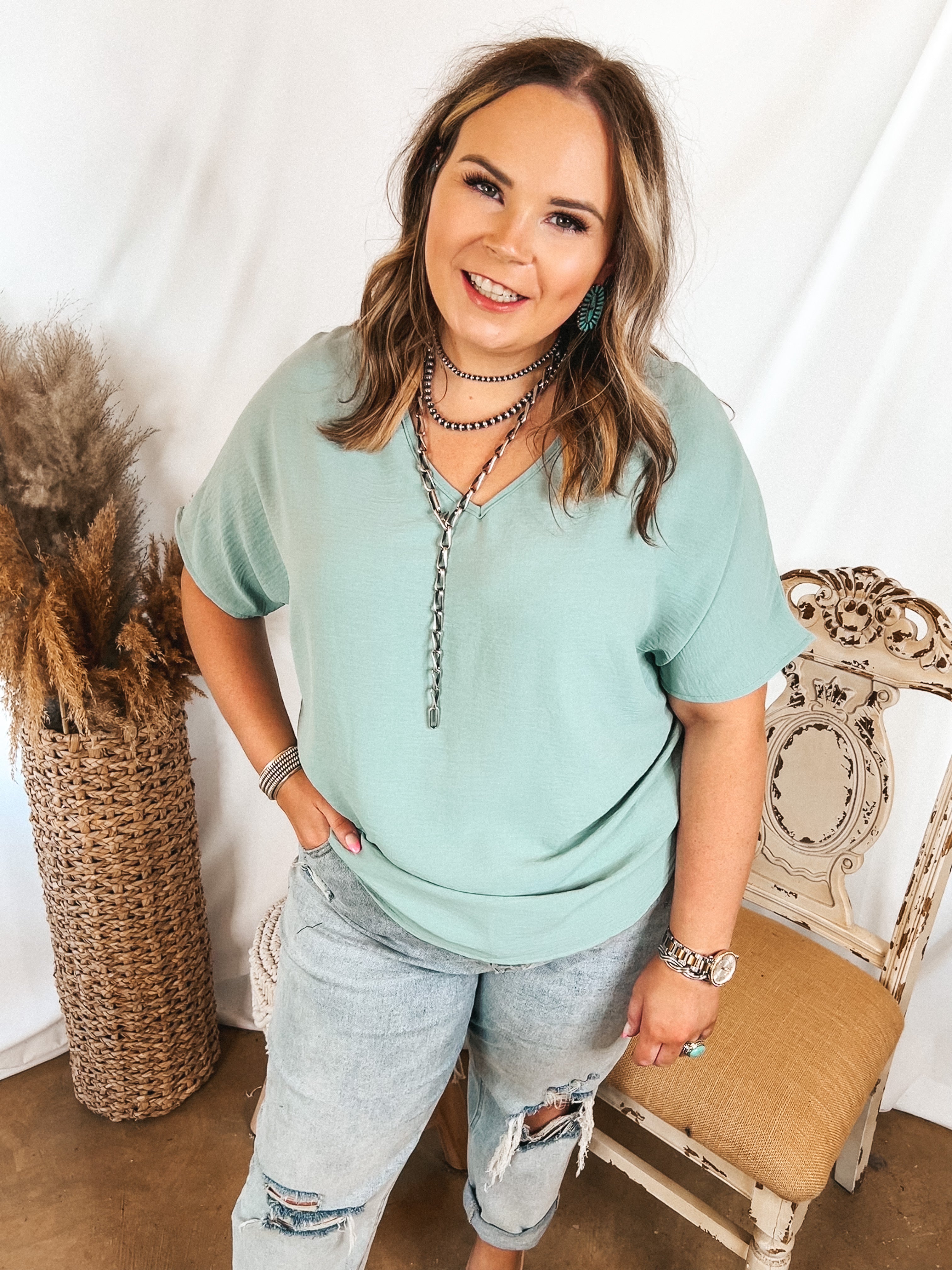 Lovely Dear V Neck Short Sleeve Solid Top in Aloe Blue - Giddy Up Glamour Boutique