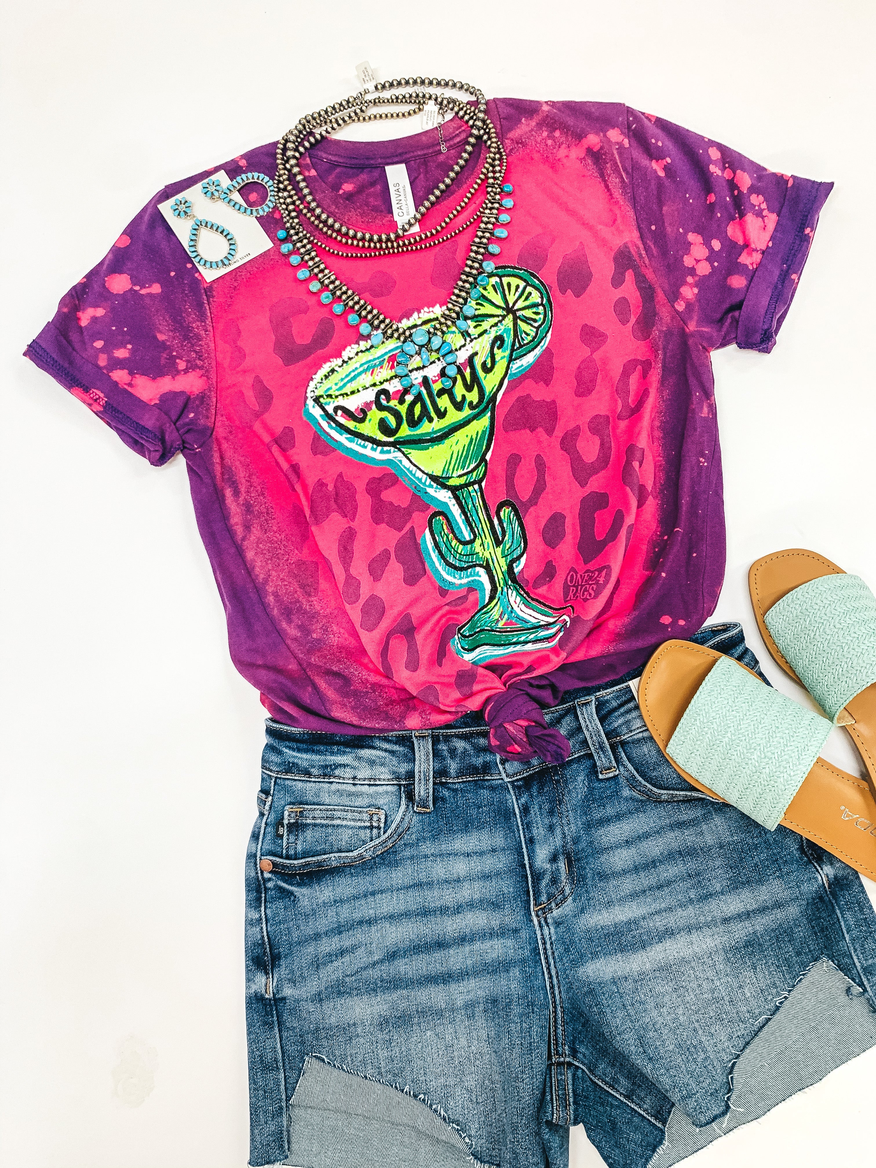 Salty Vintage Leopard Margarita Short Sleeve Graphic Tee with Bleach Distressing in Magenta - Giddy Up Glamour Boutique