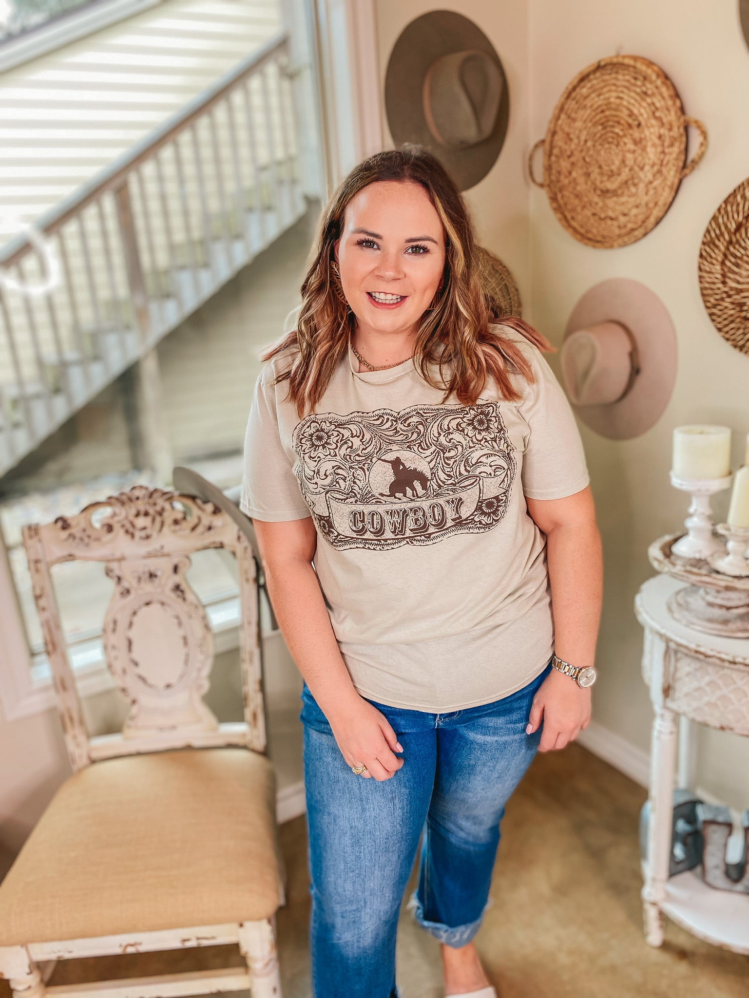 Cowboy Buckle Short Sleeve Graphic Tee in Beige - Giddy Up Glamour Boutique
