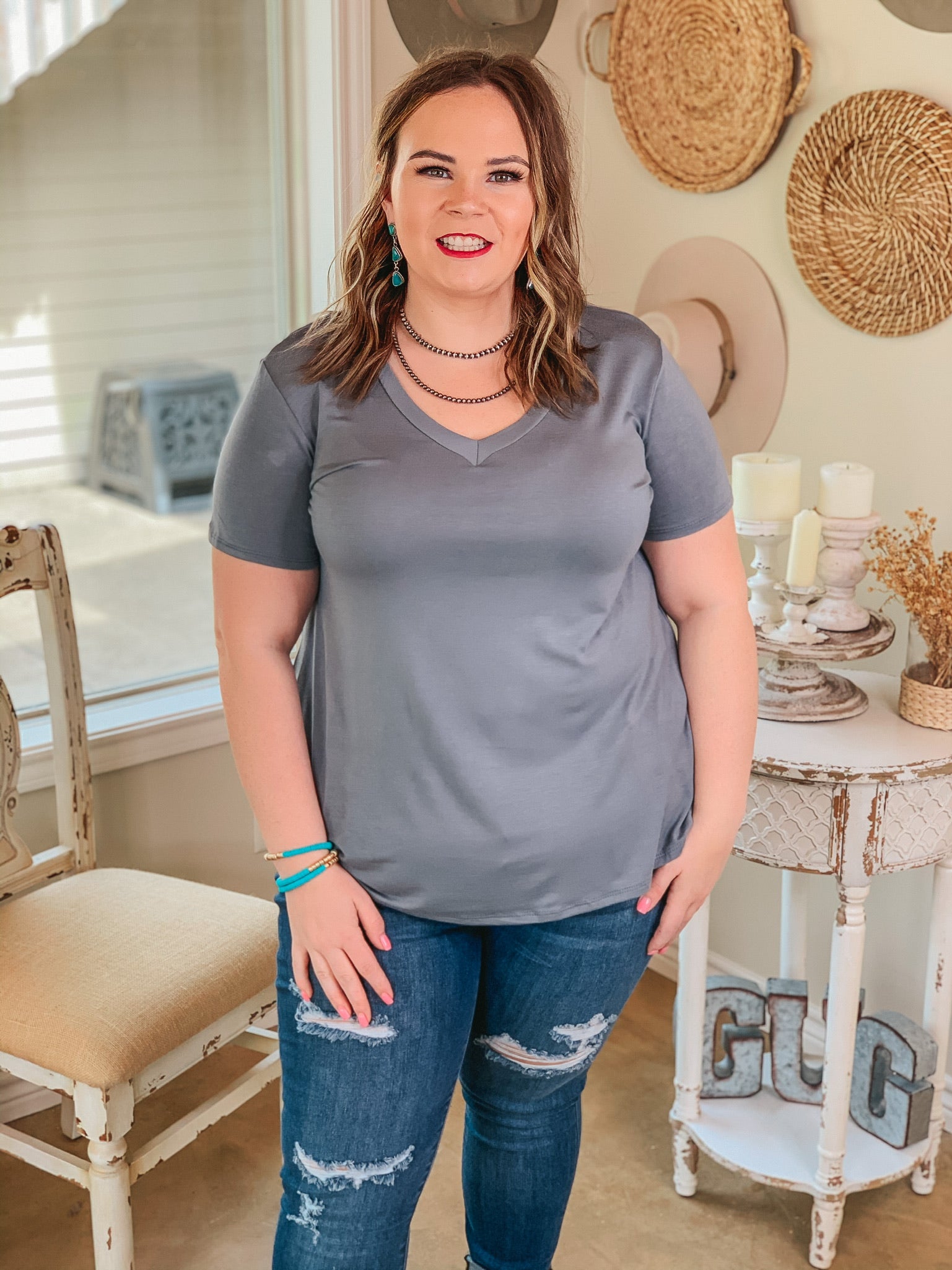 It's That Simple Solid V Neck Tee in Slate Grey - Giddy Up Glamour Boutique