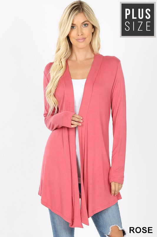PLUS DRAPEY OPEN-FRONT LONG SLEEVE CARDIGAN IN ROSE - Giddy Up Glamour Boutique