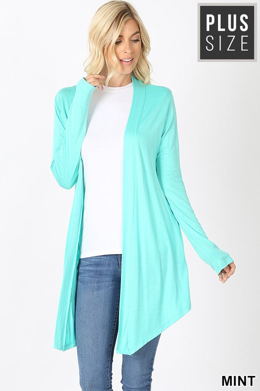 PLUS DRAPEY OPEN-FRONT LONG SLEEVE CARDIGAN IN MINT - Giddy Up Glamour Boutique