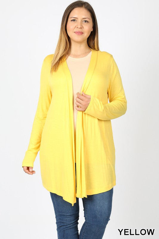 PLUS DRAPEY OPEN-FRONT LONG SLEEVE CARDIGAN IN YELLOW - Giddy Up Glamour Boutique