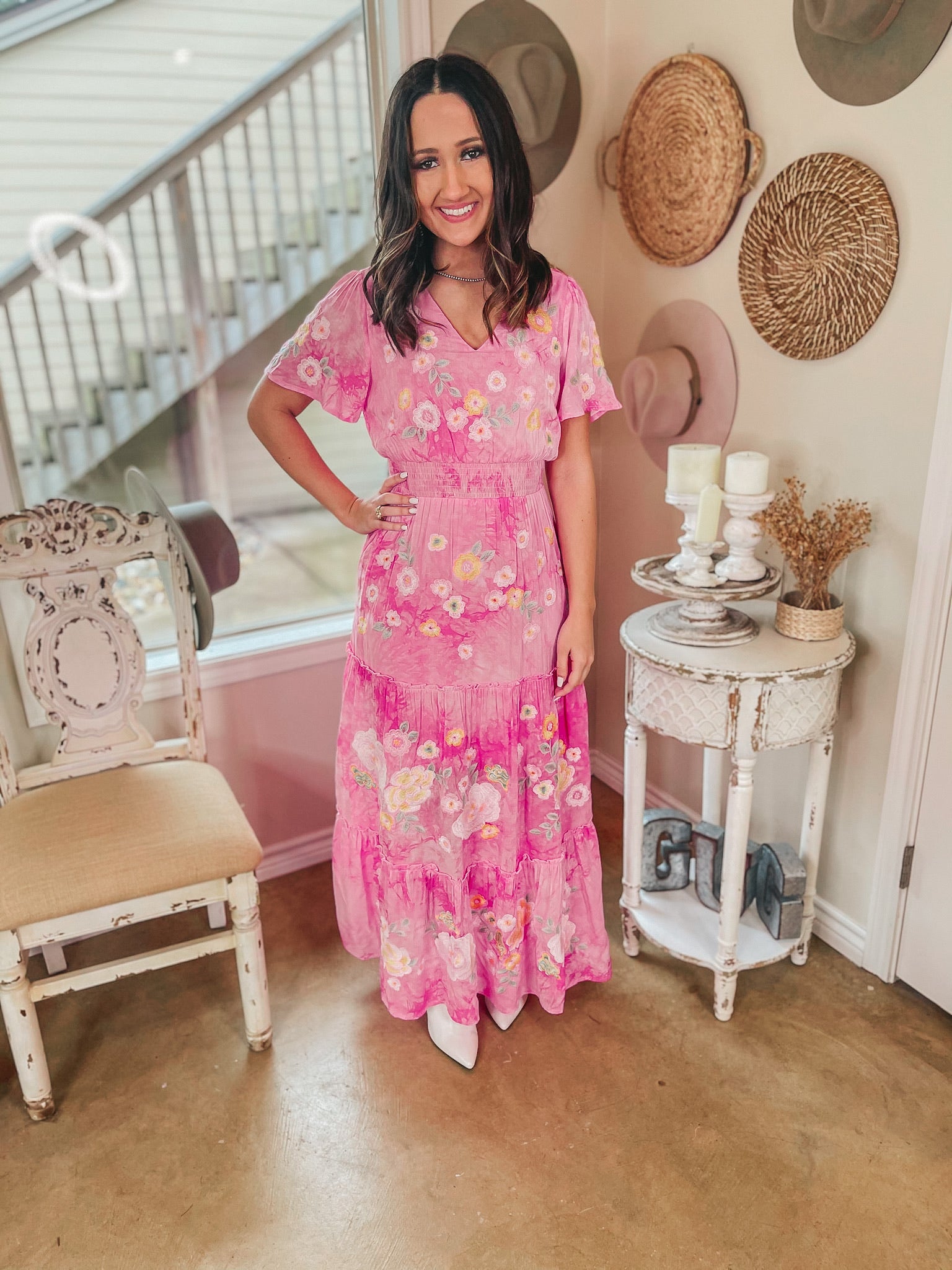 Pretty in Paradise Tie Dye Ruffle Tiered Maxi Dress with Floral Embroidery in Pink - Giddy Up Glamour Boutique