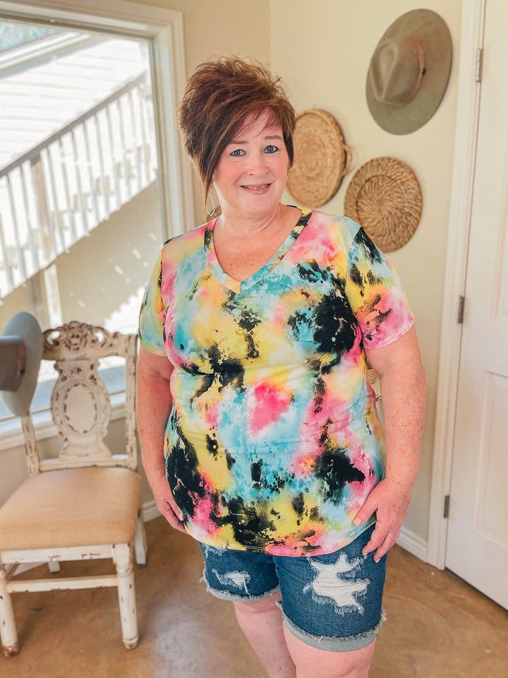 Last Chance Size Small | Keep Things Simple Tie Dye V Neck Tee in Black Multi - Giddy Up Glamour Boutique