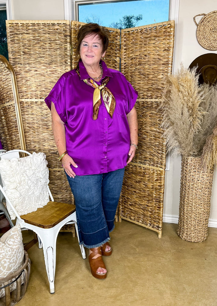 Free To Be Fab Button Up Short Sleeve Top in Purple - Giddy Up Glamour Boutique