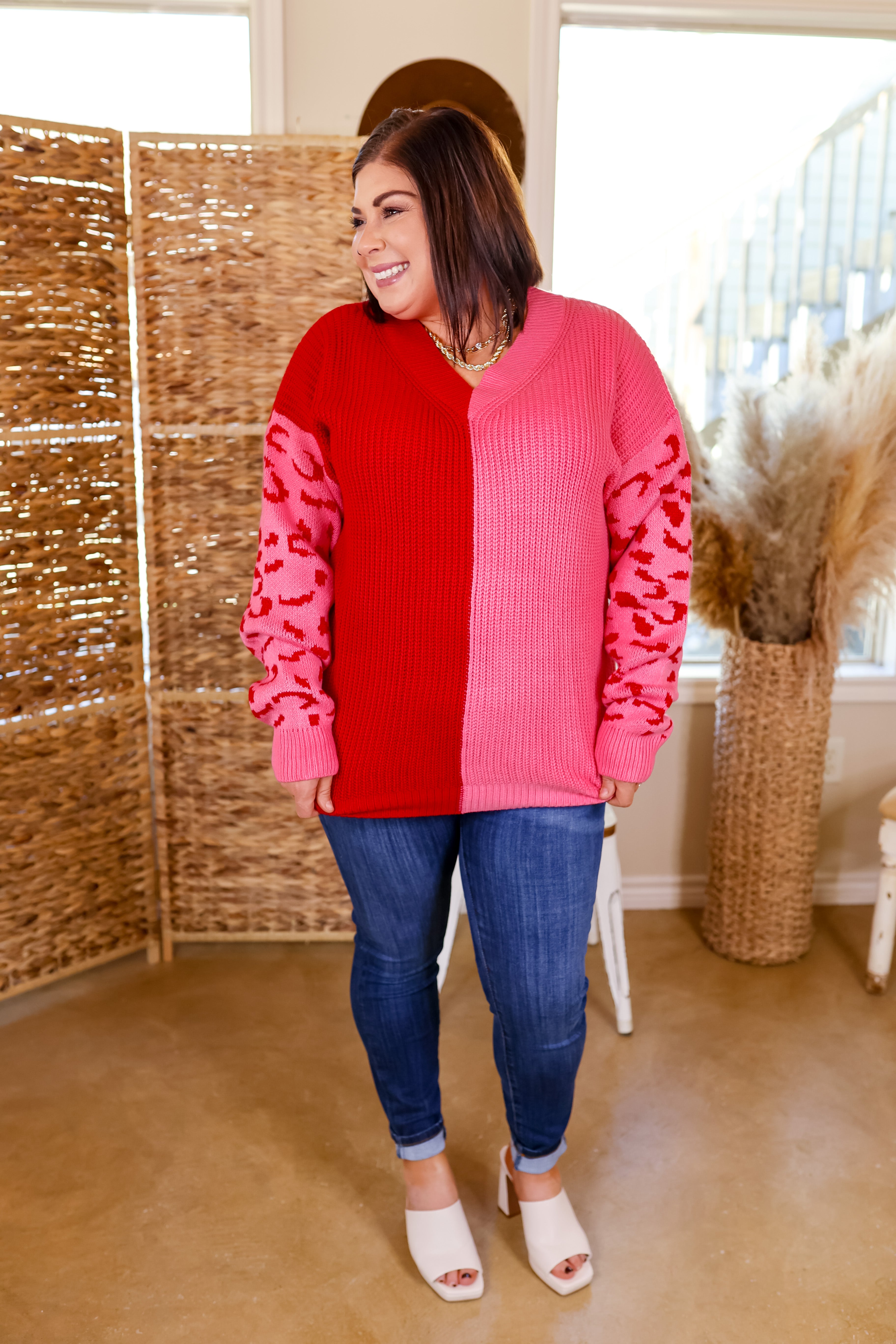 Changing Seasons Leopard Print Long Sleeve Sweater in Pink and Red - Giddy Up Glamour Boutique