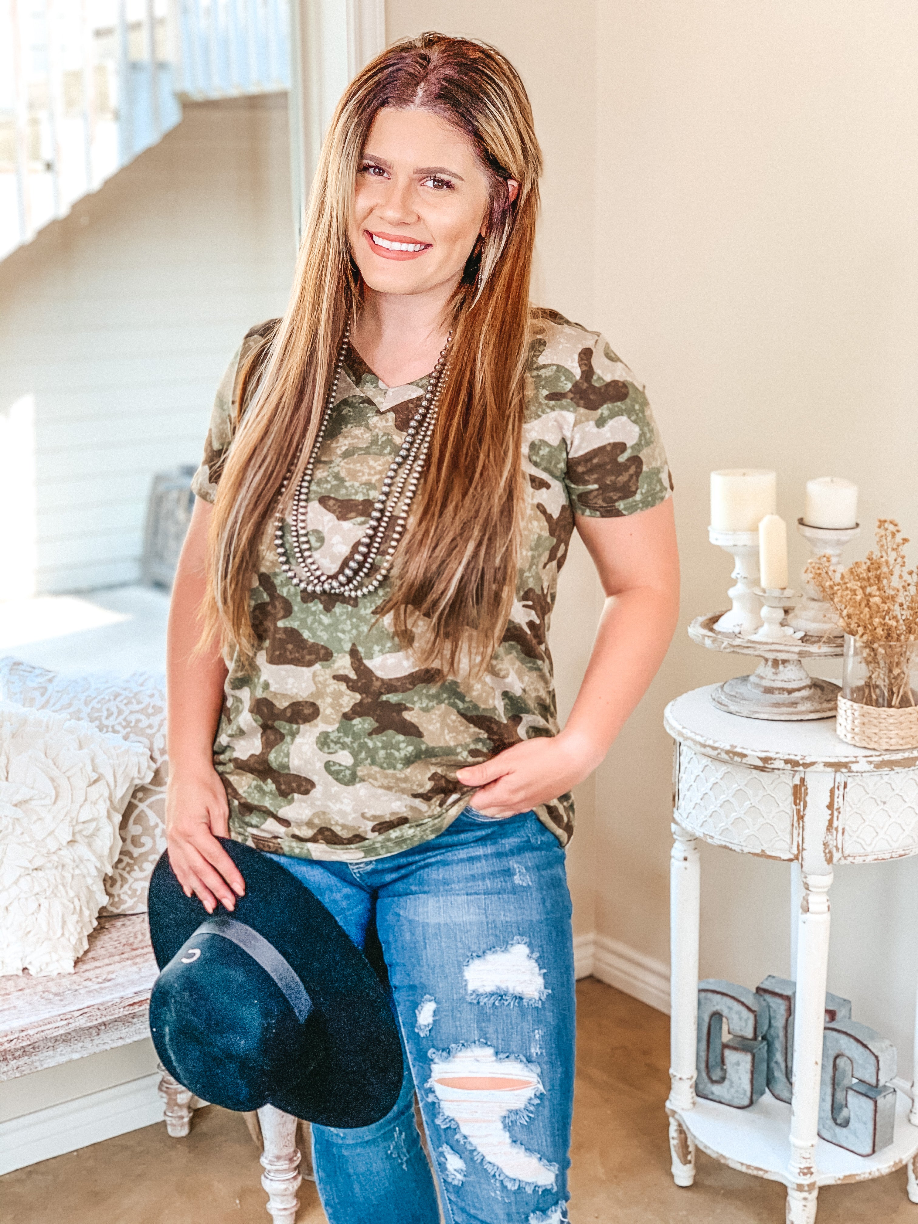 Last Chance Size S, M, & 3XL | Keep Things Simple Camouflage V Neck Tee in Olive Green - Giddy Up Glamour Boutique