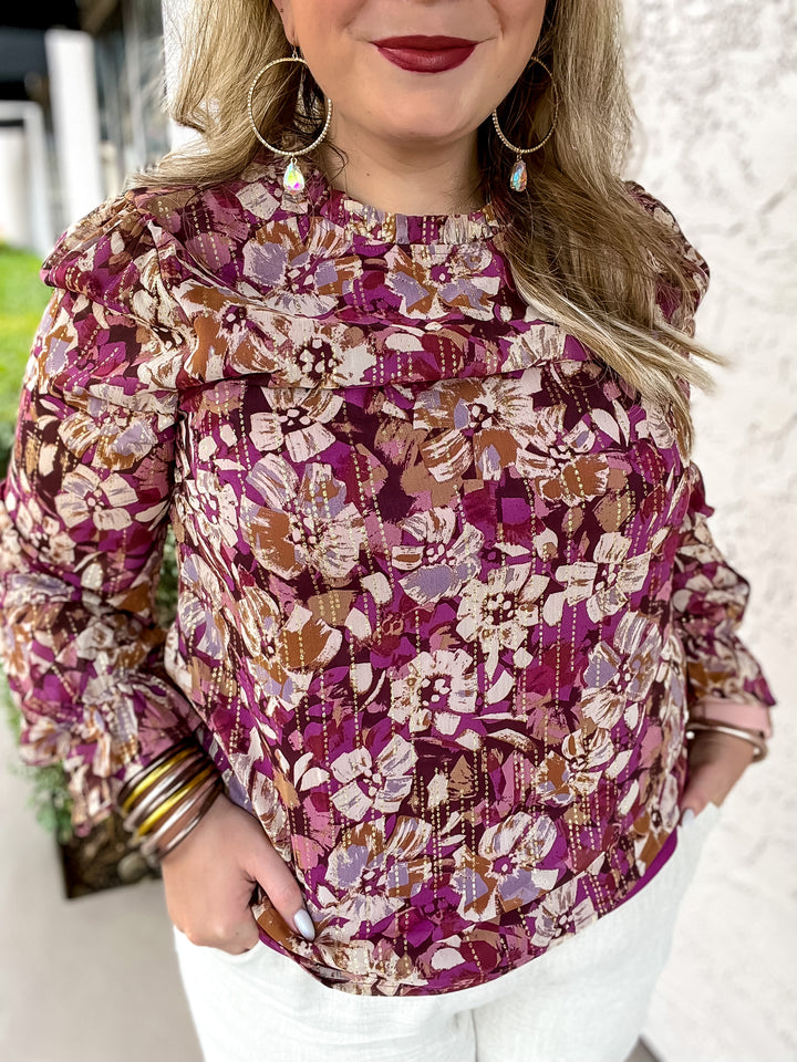 Counting Favors High Neck Floral Top with Long Sleeves in Magenta and Gold - Giddy Up Glamour Boutique