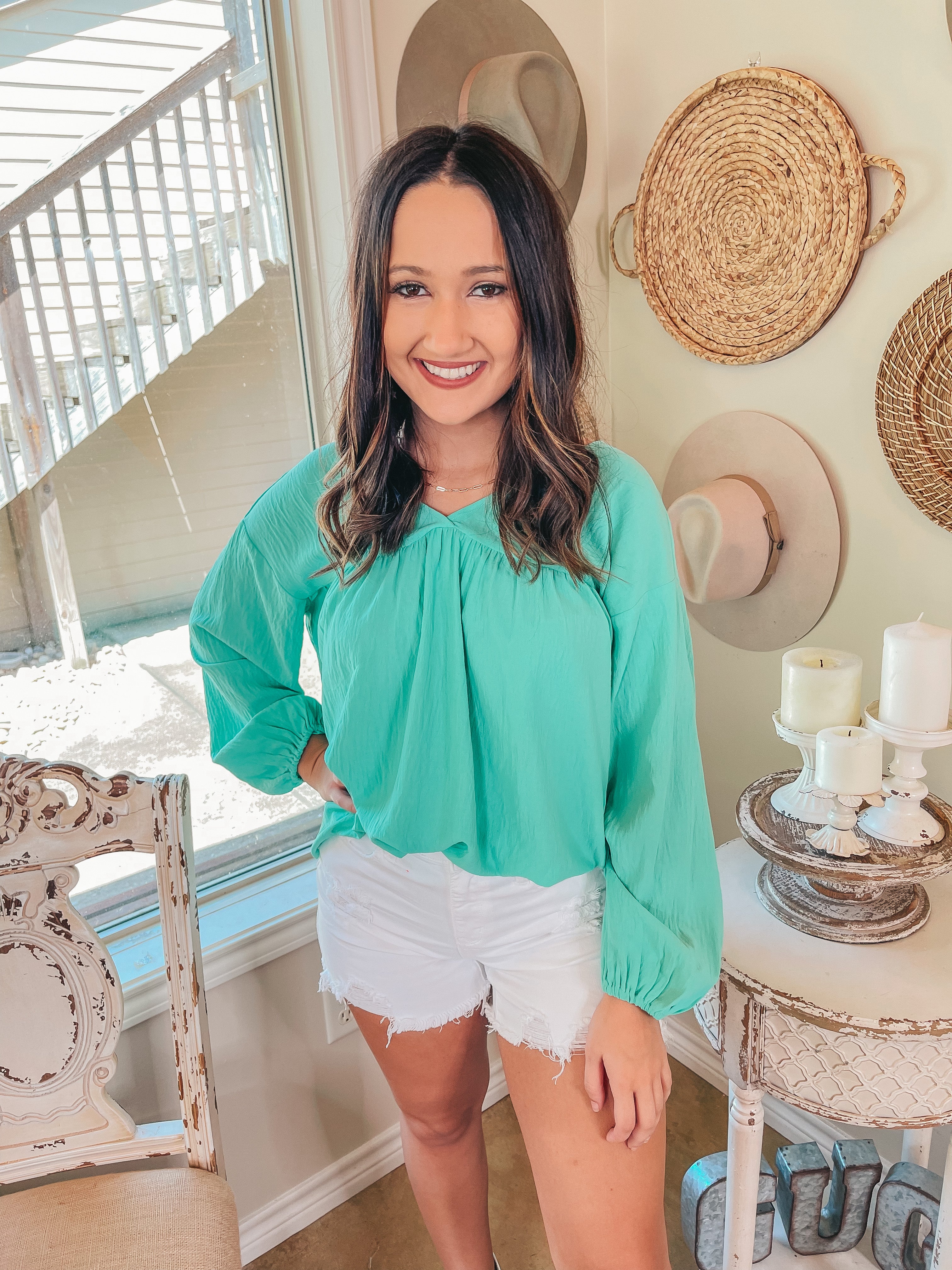 Office Feels Long Sleeve V Neck Babydoll Top in Mint - Giddy Up Glamour Boutique