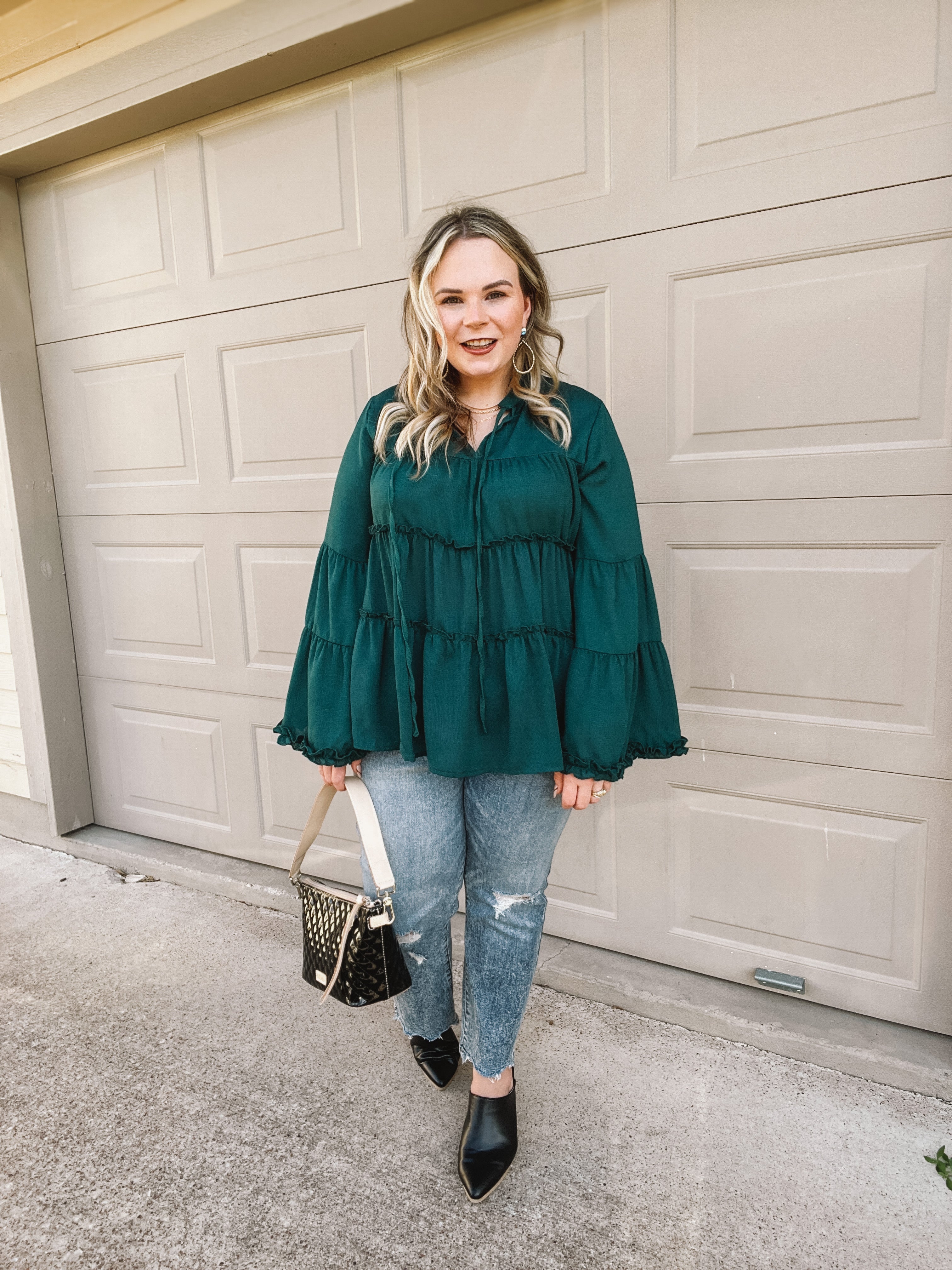 Impressive Touch Striped Bell Sleeve Tiered Blouse in Emerald Green - Giddy Up Glamour Boutique