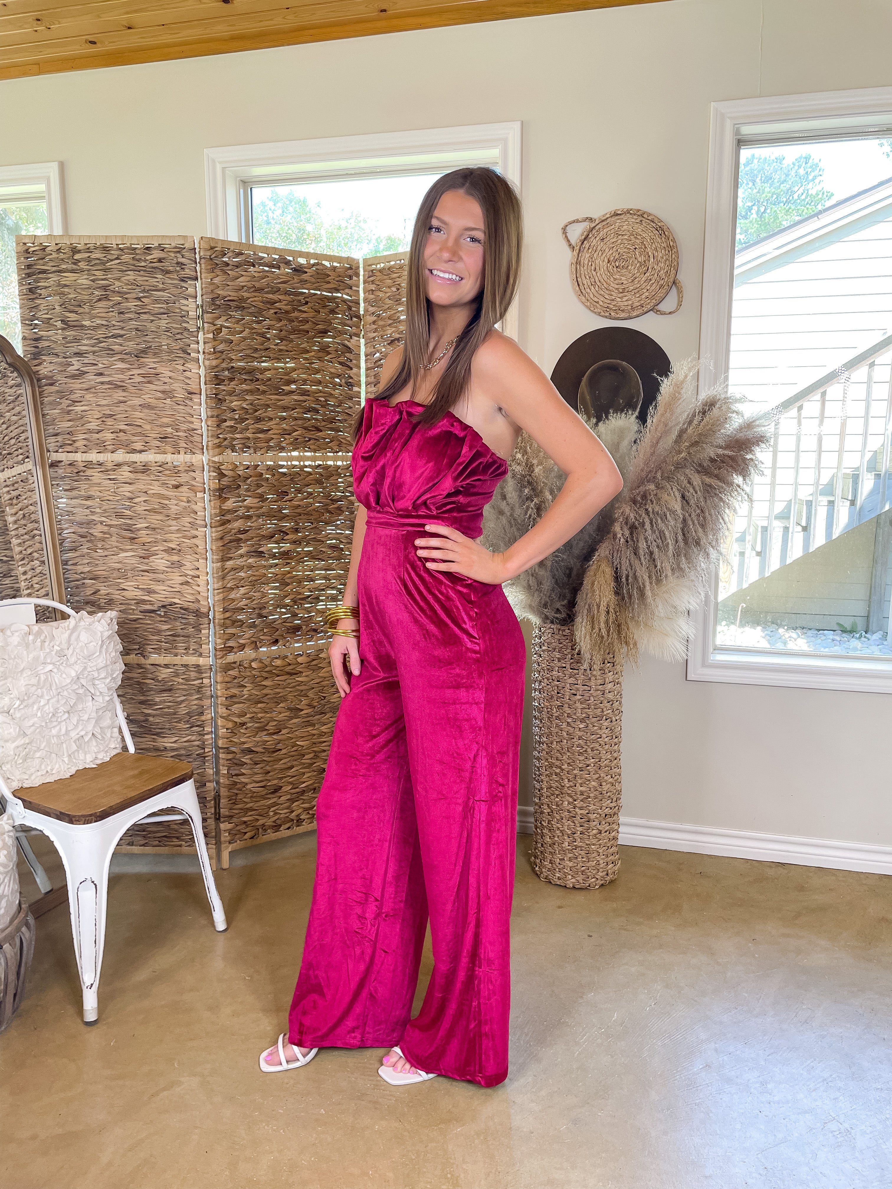 Do It With Pizazz Velvet Strapless Jumpsuit in Red Violet - Giddy Up Glamour Boutique