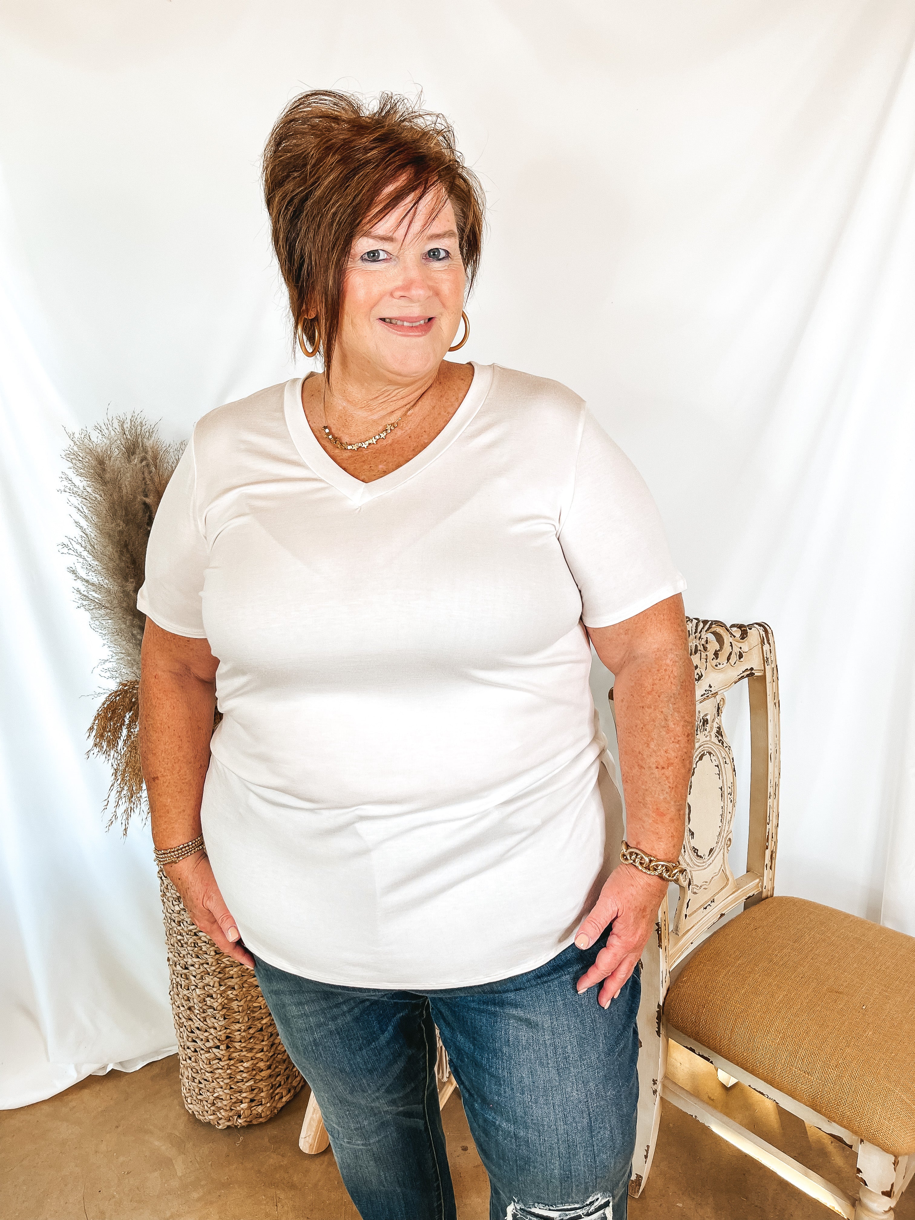 It's That Simple Solid V Neck Tee in Off White - Giddy Up Glamour Boutique