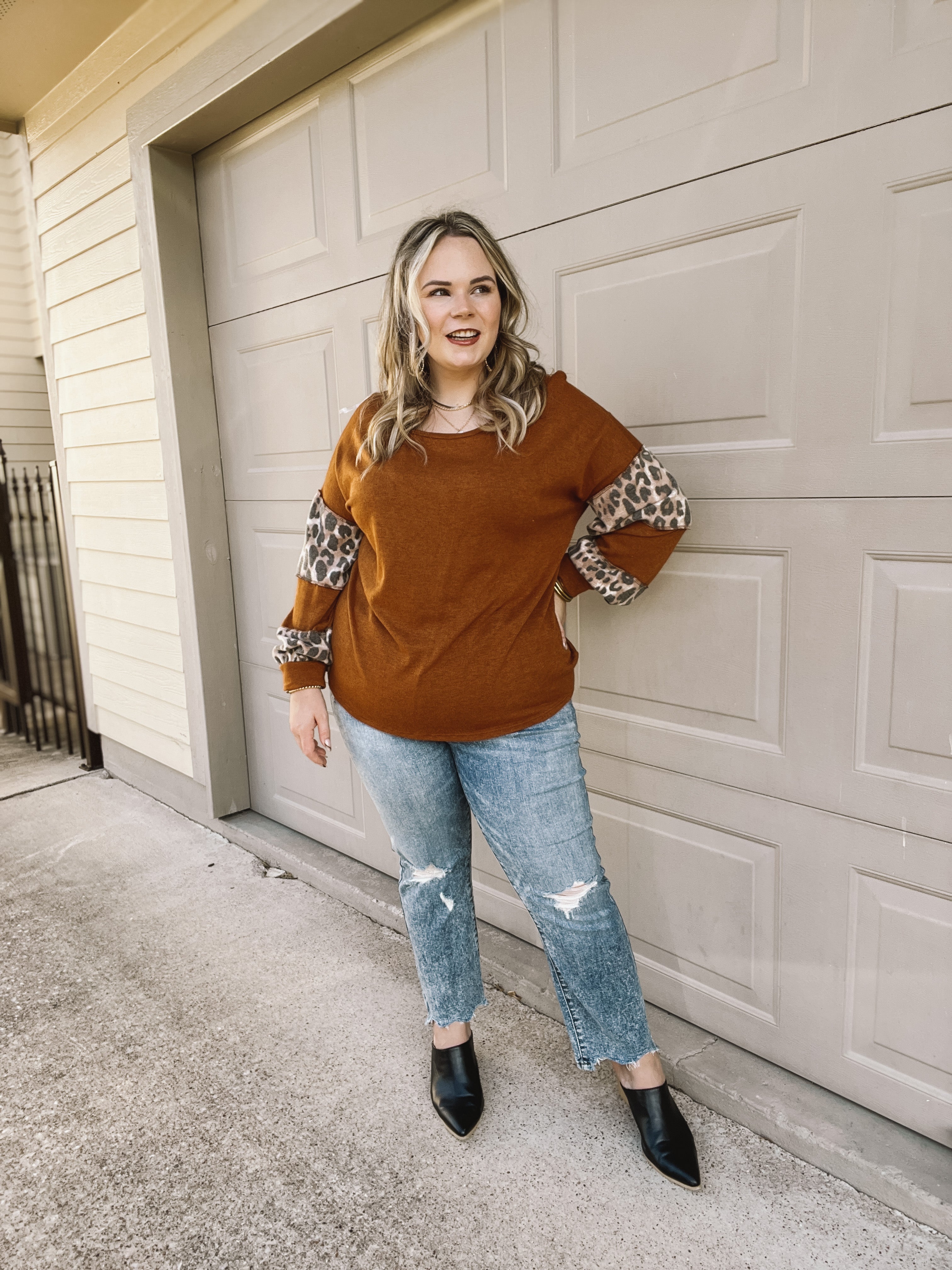 Double The Fun Long Sleeve Leopard Print Block Top in Burnt Orange - Giddy Up Glamour Boutique