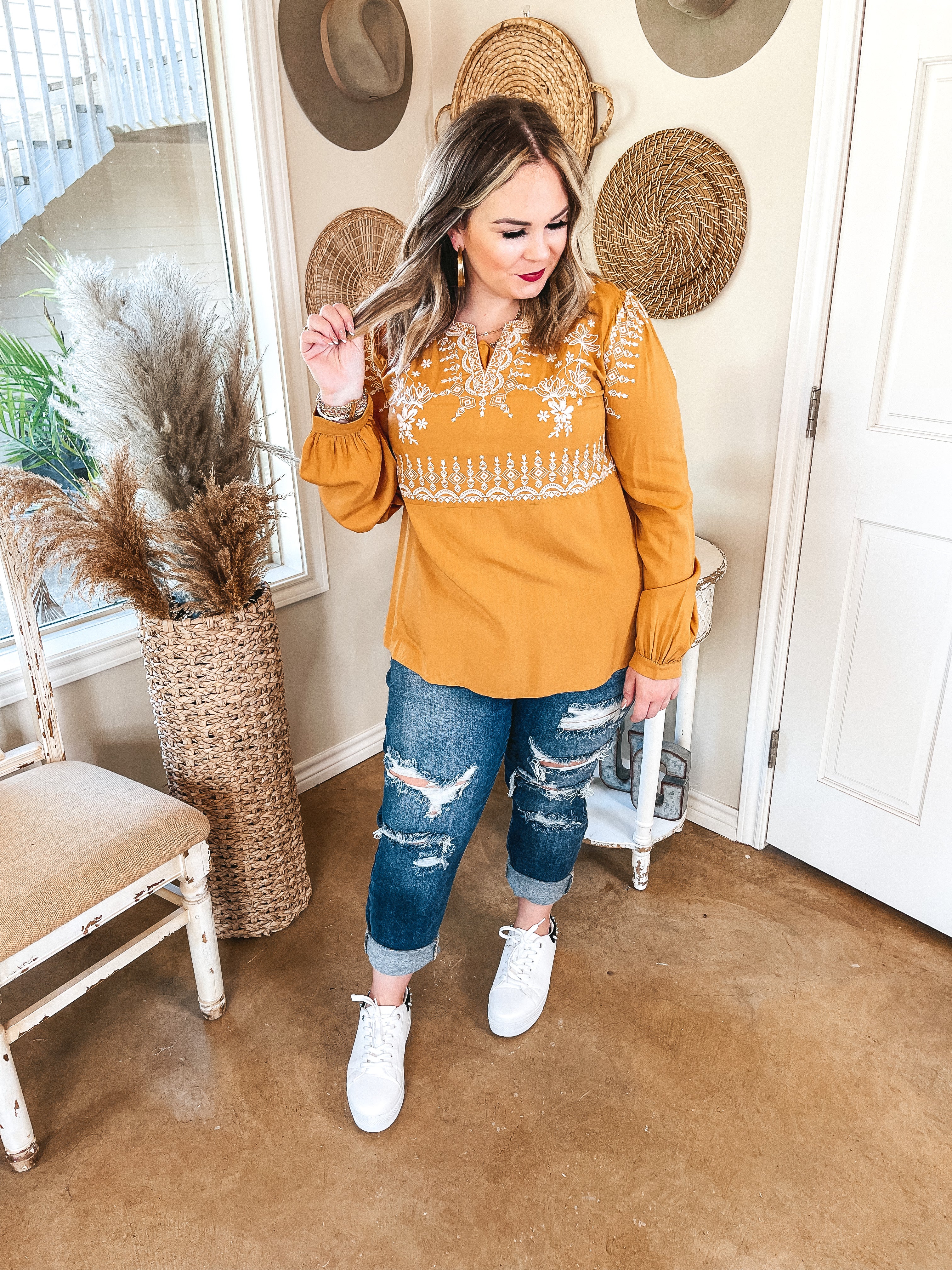 Making Connections Ivory Embroidered Long Sleeve Top in Mustard Yellow - Giddy Up Glamour Boutique
