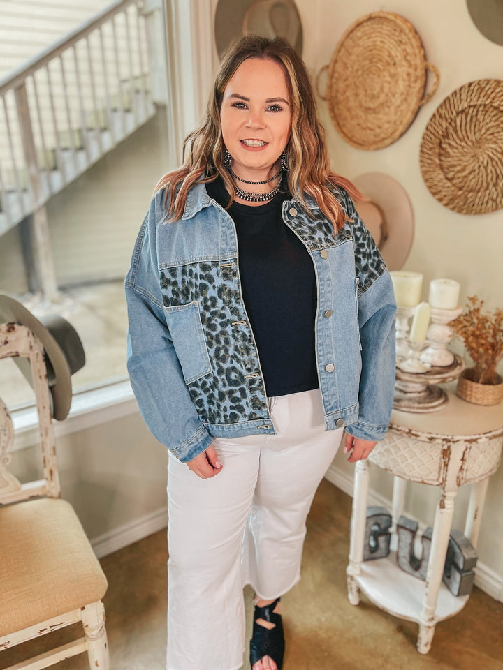 Plus Sizes | Downtown Dallas Large Pocket Leopard Mix Denim Jacket in Light Wash - Giddy Up Glamour Boutique
