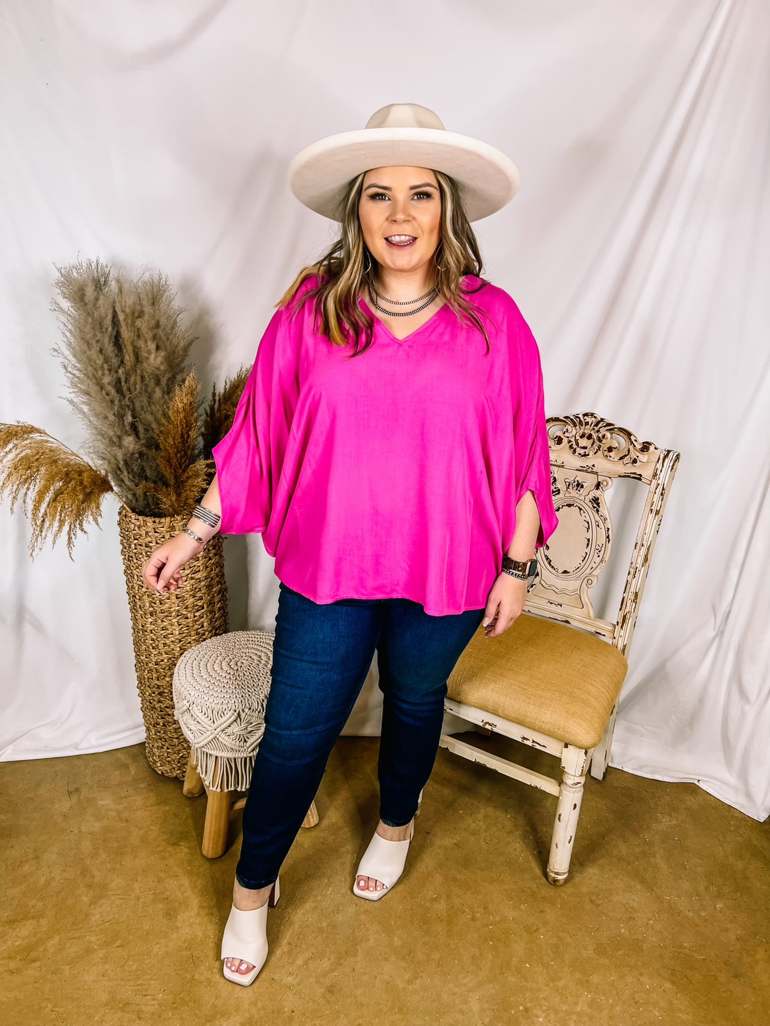 No Rules V Neck Poncho Top in Fuchsia Pink - Giddy Up Glamour Boutique