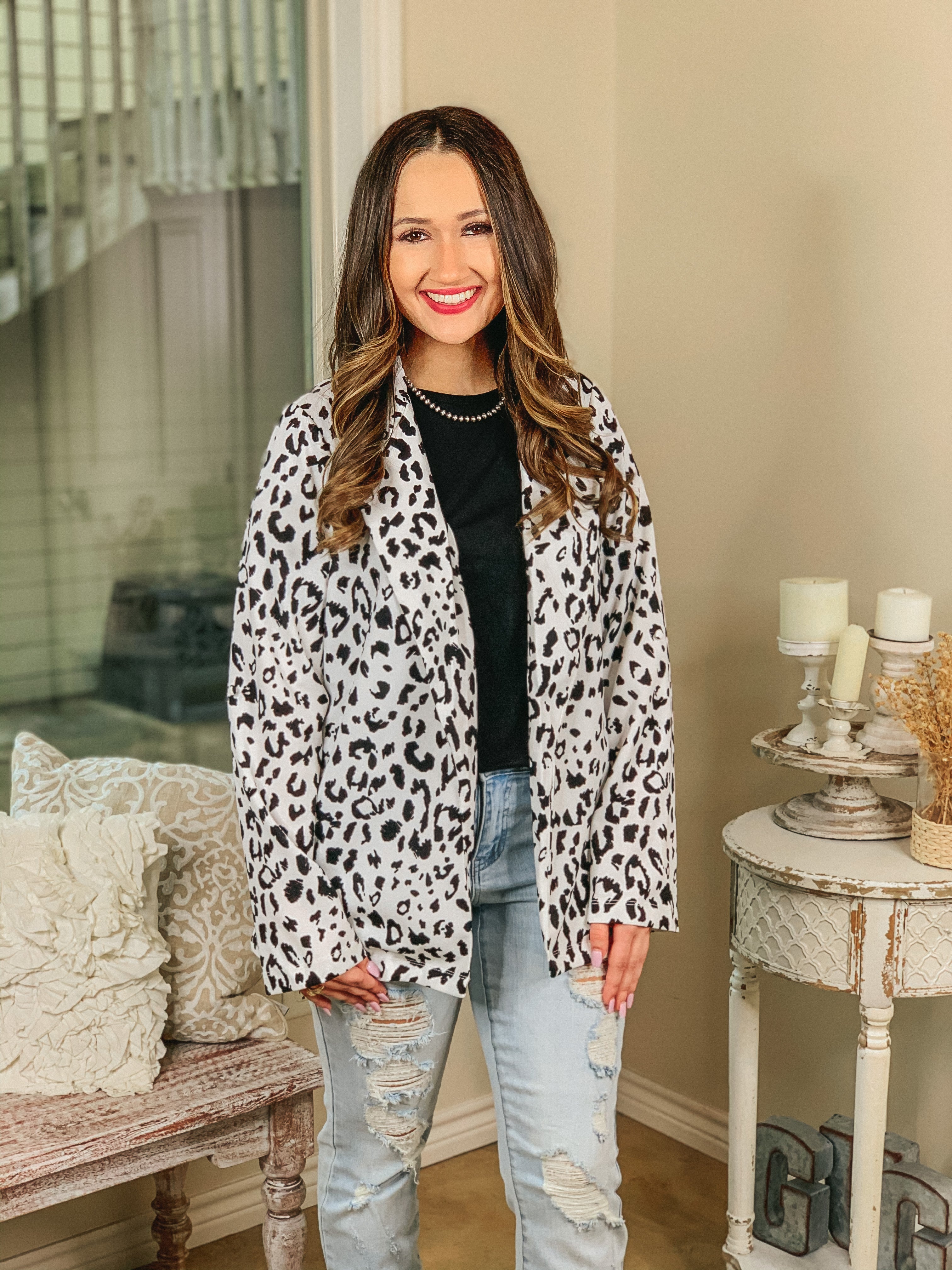 Out Of Office Leopard Print Open Front Blazer with Long Sleeves in White - Giddy Up Glamour Boutique
