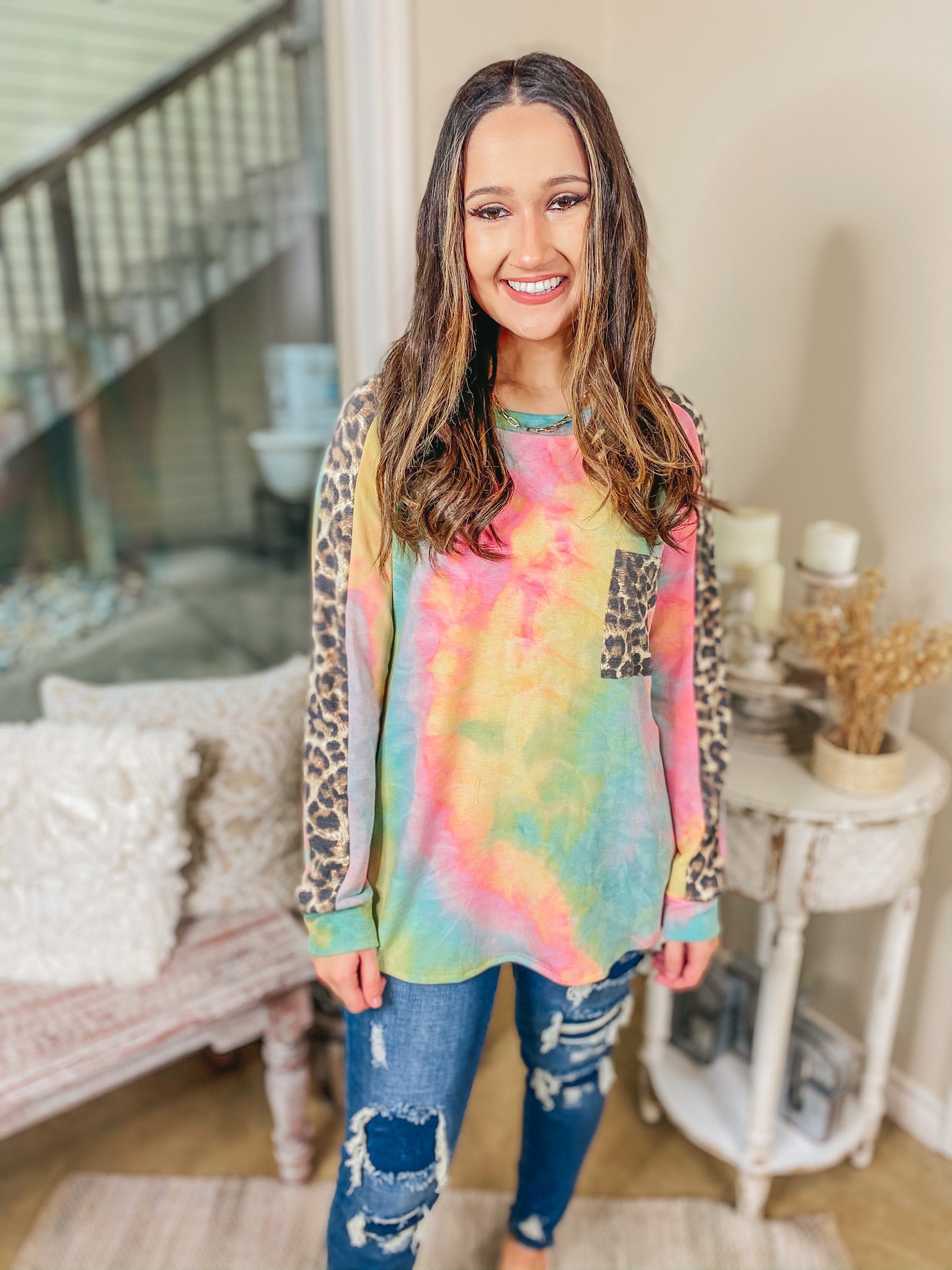 Last Chance Size Small & 3XL | She's A Hippie Sister Tie Dye Long Sleeve Top with Leopard Accents in Yellow, Pink, and Blue - Giddy Up Glamour Boutique