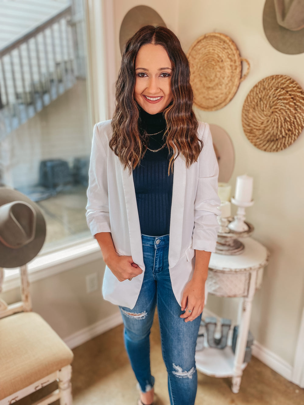 Being Busy Ruched 3/4 Sleeve Collared Blazer in White - Giddy Up Glamour Boutique