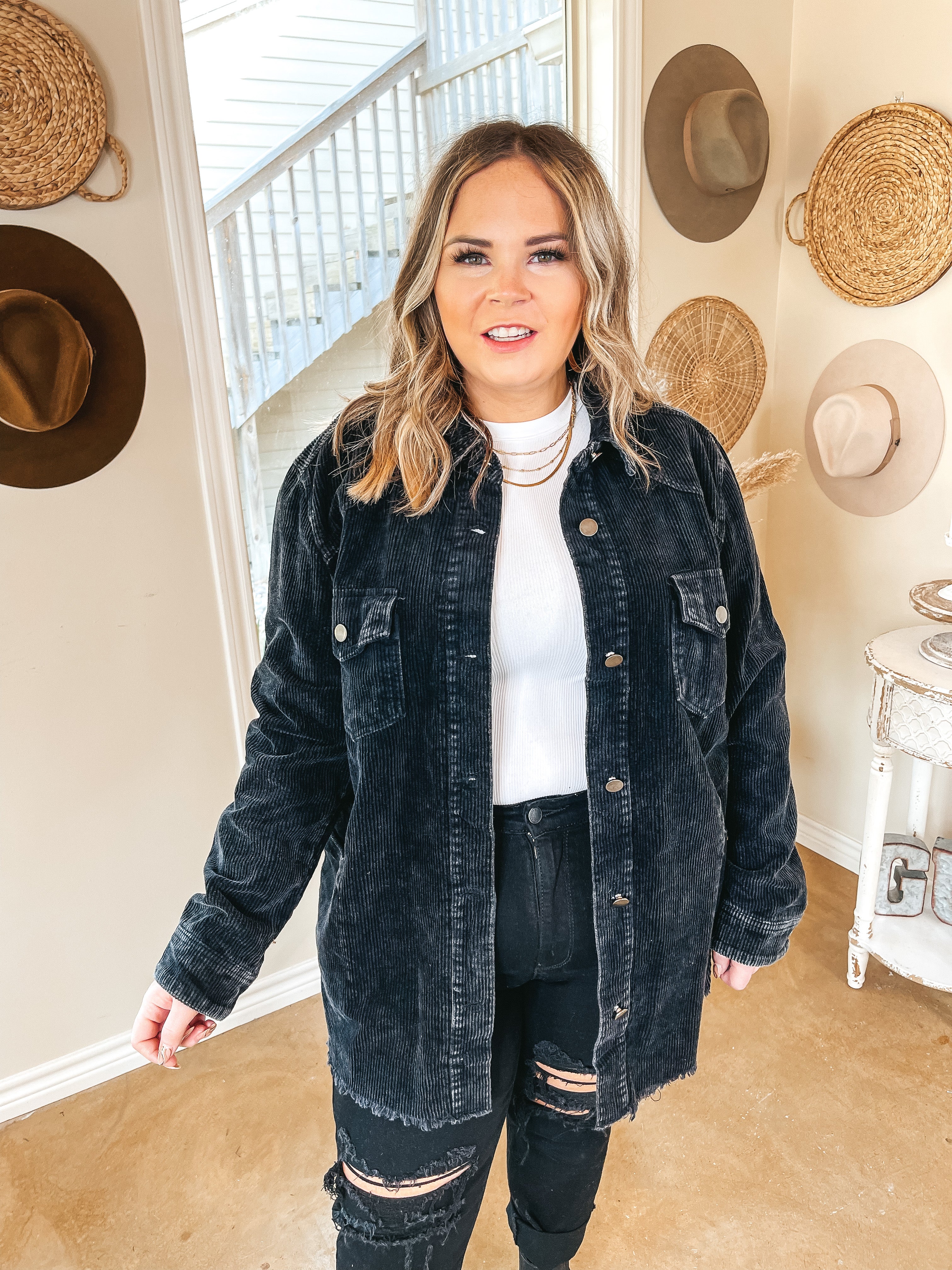 Release Your Worries Button Up Corduroy Long Shacket in Black - Giddy Up Glamour Boutique