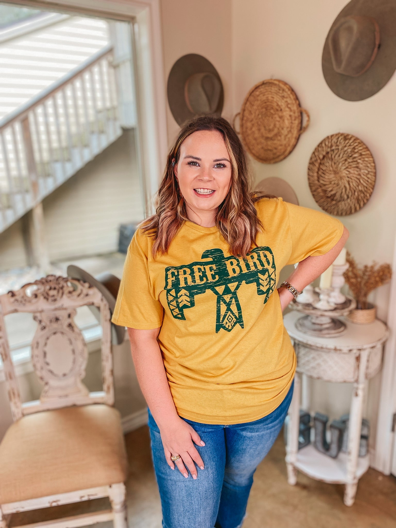 Free Bird Thunderbird Short Sleeve Graphic Tee in Mustard Yellow - Giddy Up Glamour Boutique