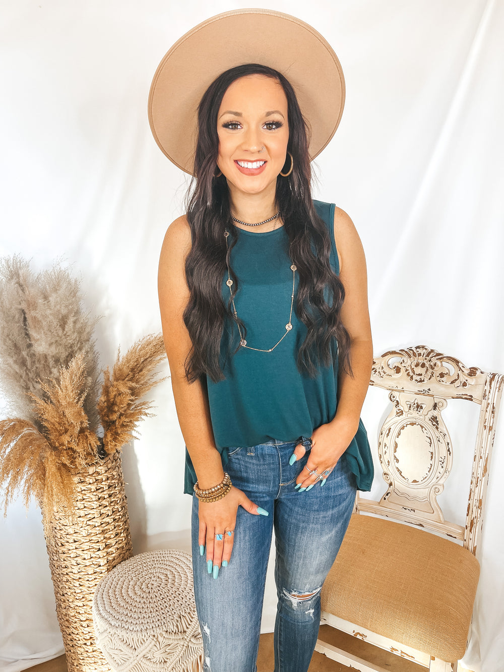 Give Me Joy Solid Knit A-Line Tank Top in Dark Teal - Giddy Up Glamour Boutique