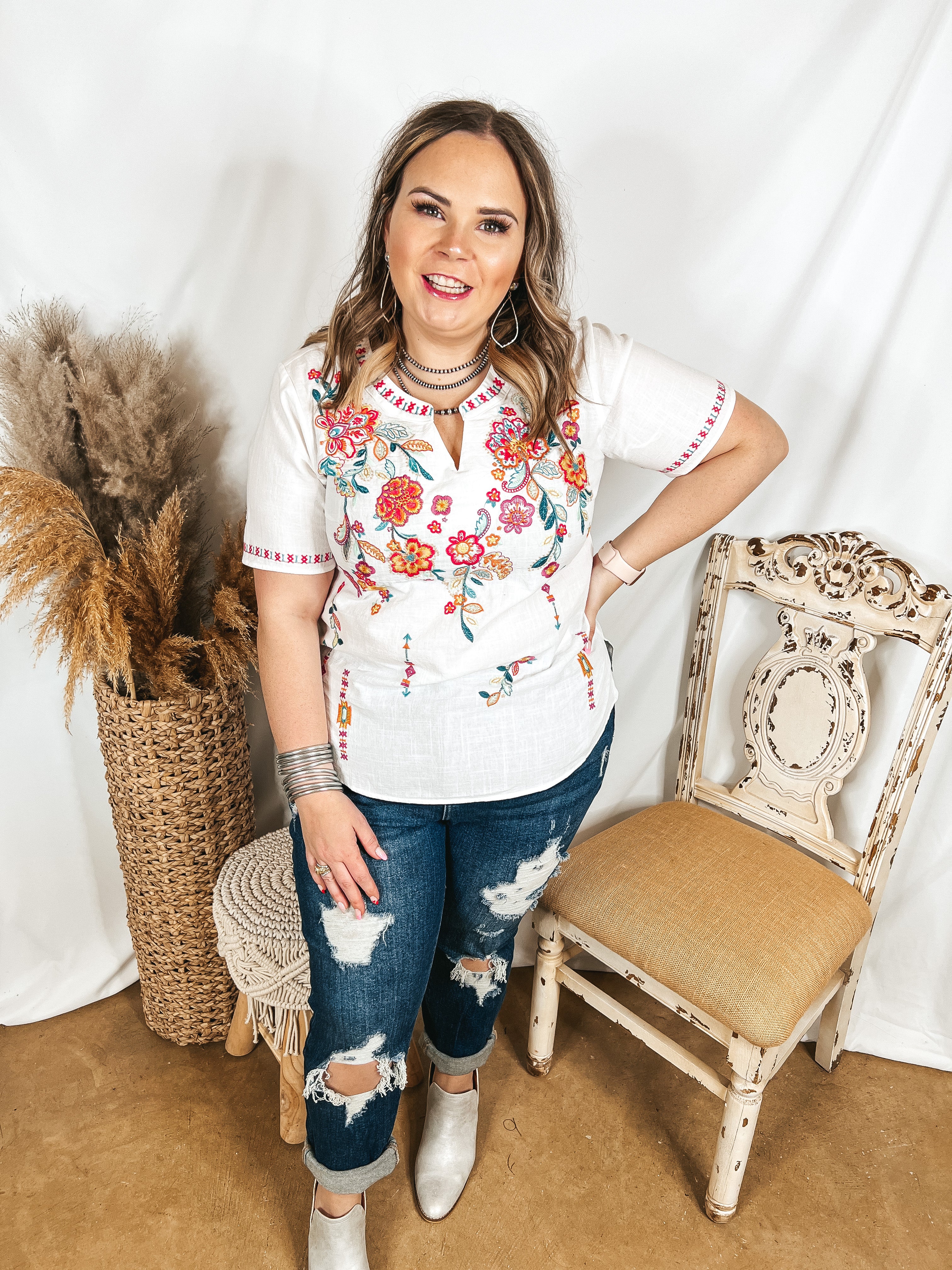Shaken or Stirred Floral Embroidered Notched Neck Top in White - Giddy Up Glamour Boutique