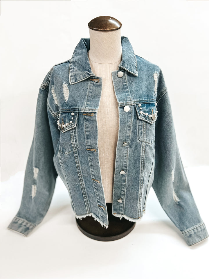 Better Than You Imagined Pearl and Crystal Beaded Denim Jacket in Medium Wash - Giddy Up Glamour Boutique
