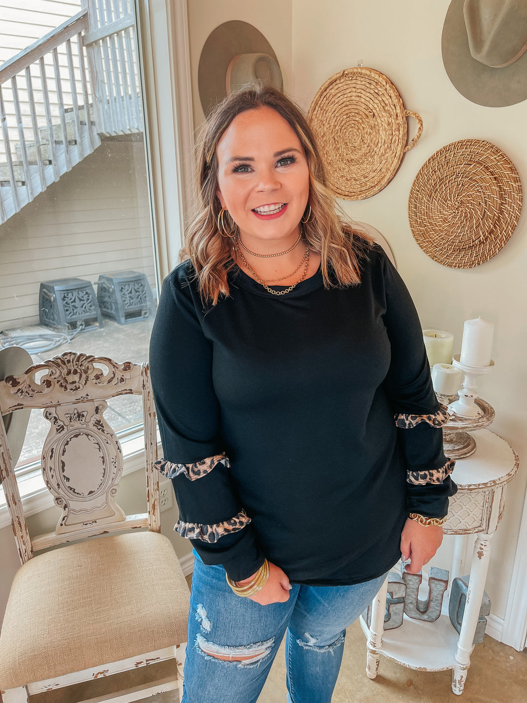 With Me Forever Long Sleeve Top with Leopard Print Ruffle Trim in Black - Giddy Up Glamour Boutique