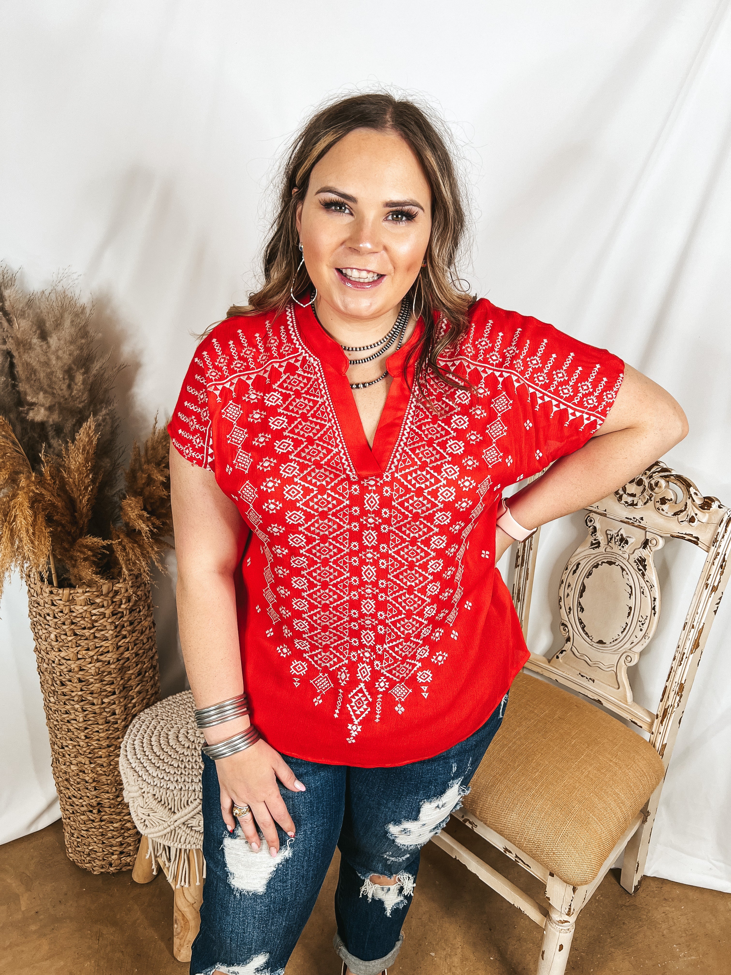 Fredericksburg Feeling Embroidered Short Sleeve Notched Neck Top in Red - Giddy Up Glamour Boutique