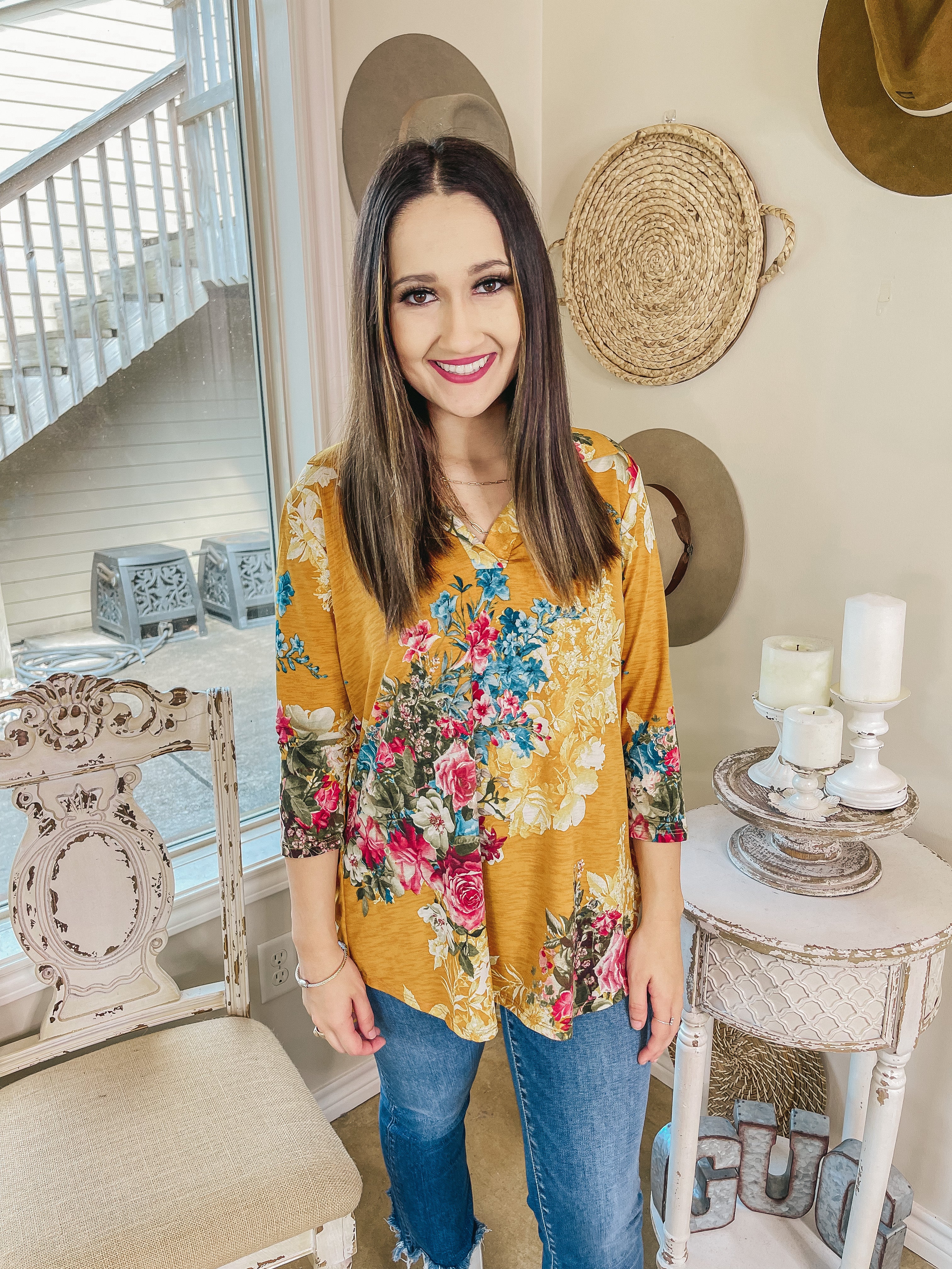 Last Chance Size Small | Scenic Route Floral Collared Tunic Top in Mustard - Giddy Up Glamour Boutique