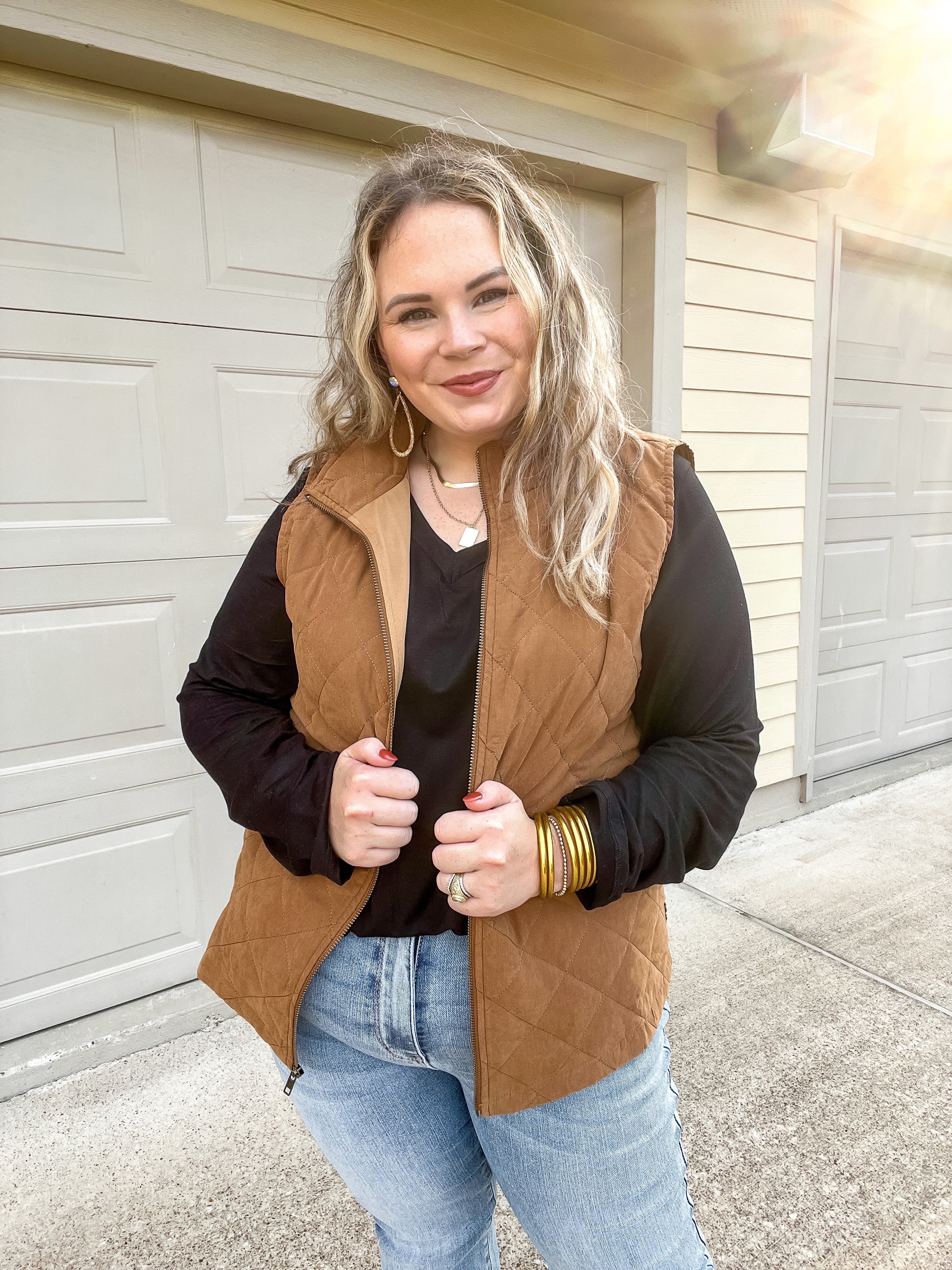 Headed To Denver Zip Up Quilted Vest in Camel Brown - Giddy Up Glamour Boutique