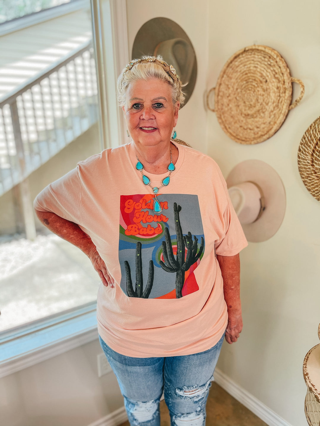 Golden Hour Babe Short Sleeve Saguaro Graphic Tee in Peach Pink - Giddy Up Glamour Boutique