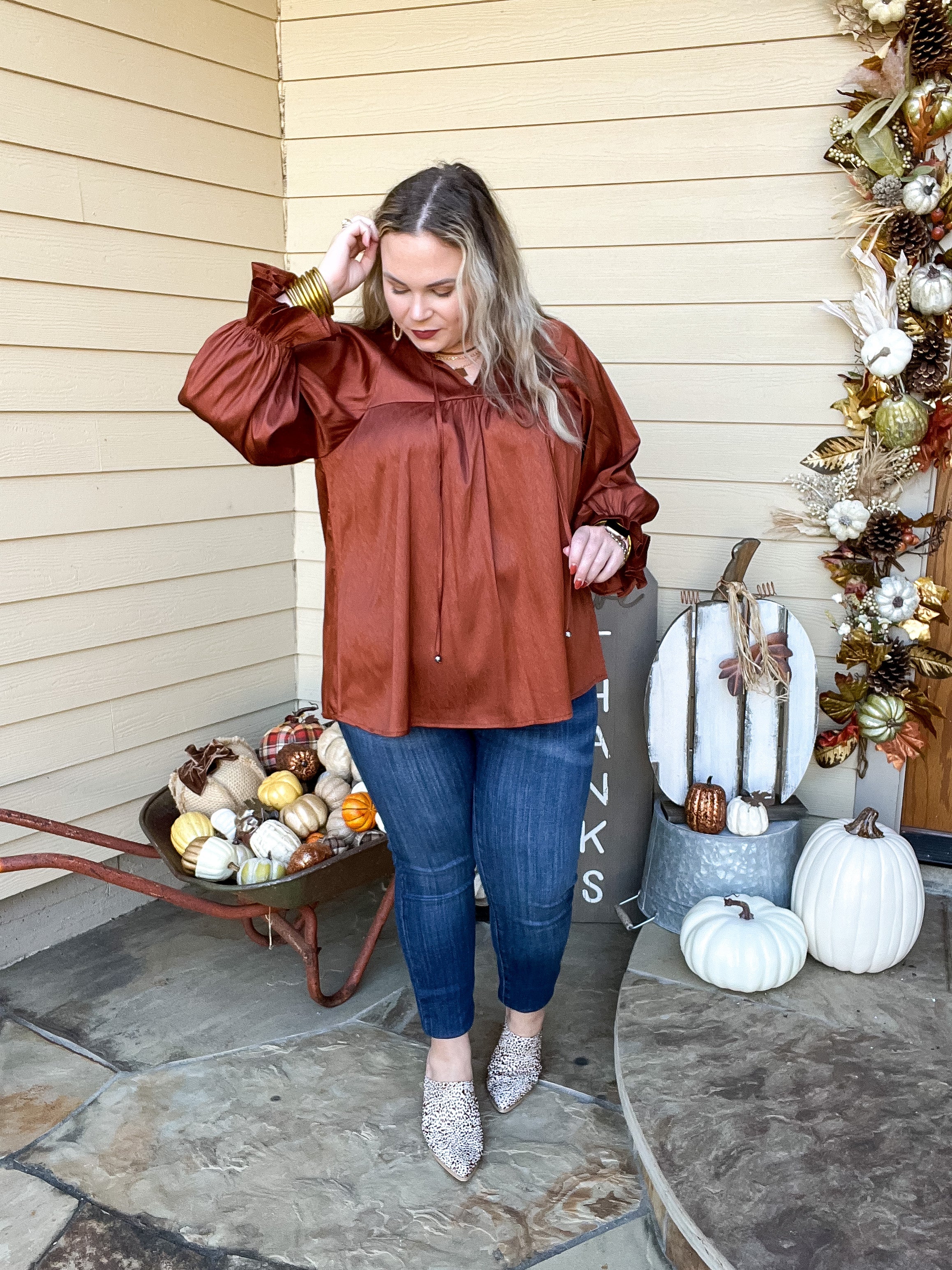 Sunset Situation Front Tie Keyhole Blouse in Rust Orange - Giddy Up Glamour Boutique