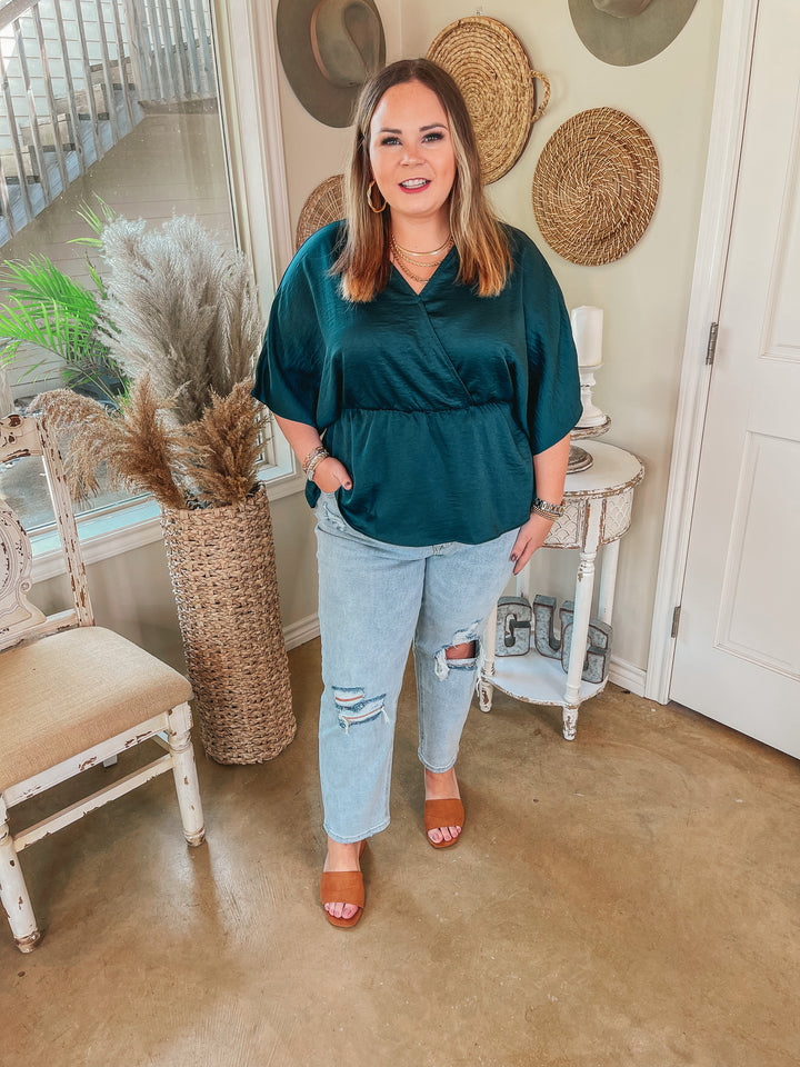Under the Pines V Neck Peplum Blouse in Forest Green - Giddy Up Glamour Boutique