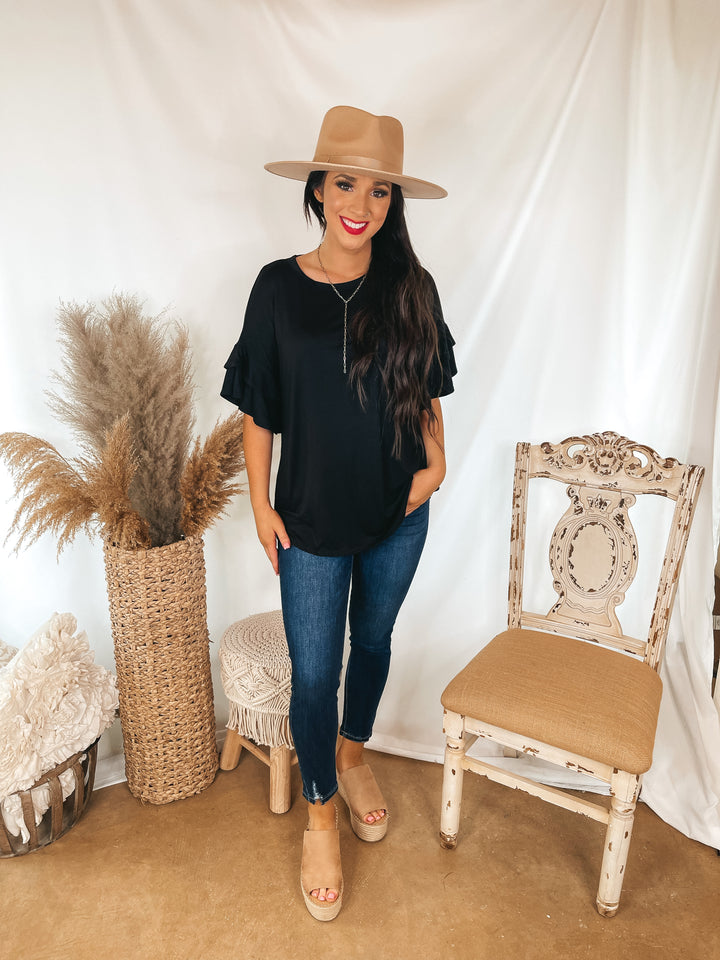 Set The Standard Solid Short Sleeve Top with Ruffled Sleeves in Black - Giddy Up Glamour Boutique