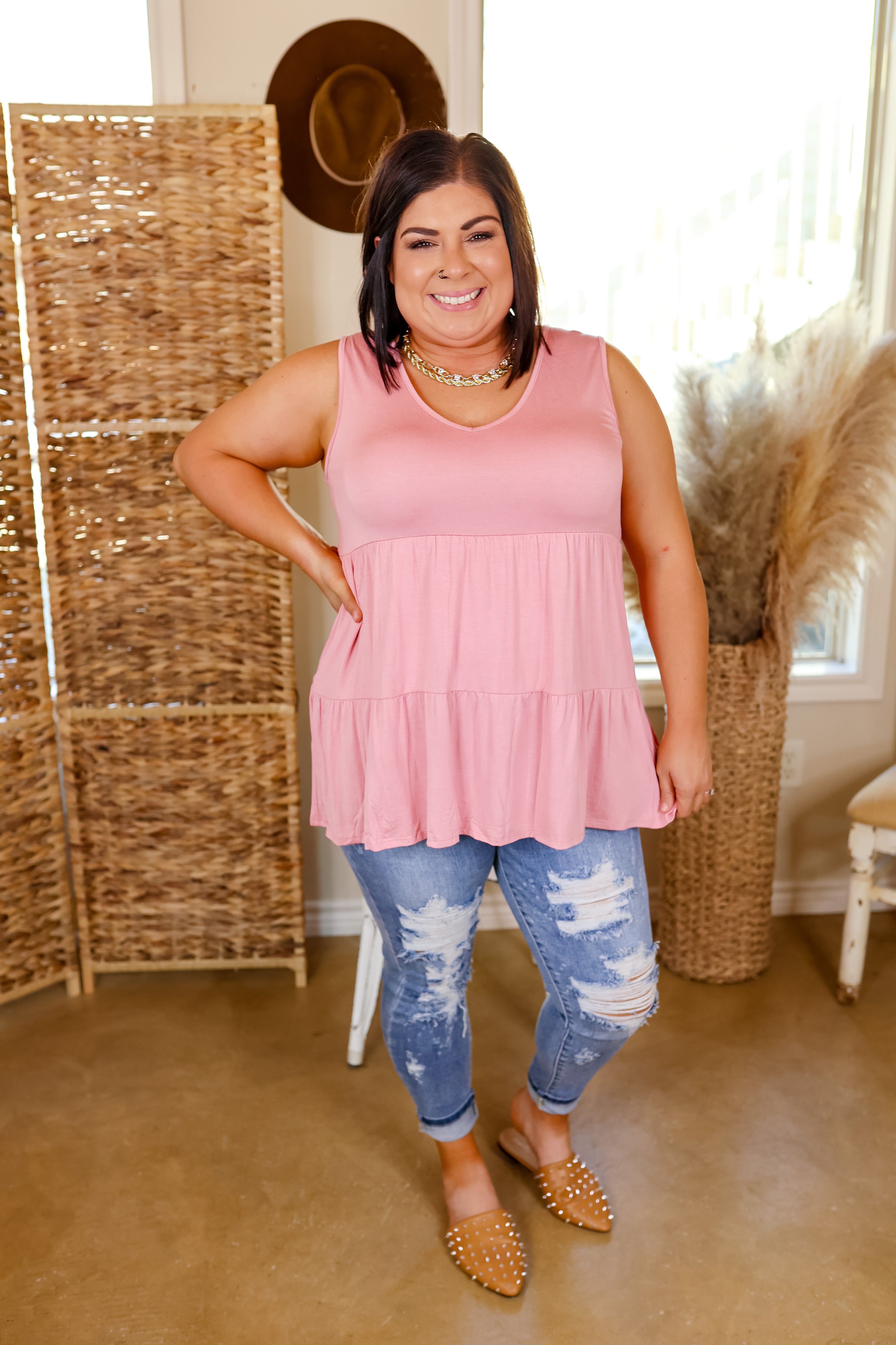 Most Love Tiered Tank Top with V Neckline in Blush Pink - Giddy Up Glamour Boutique