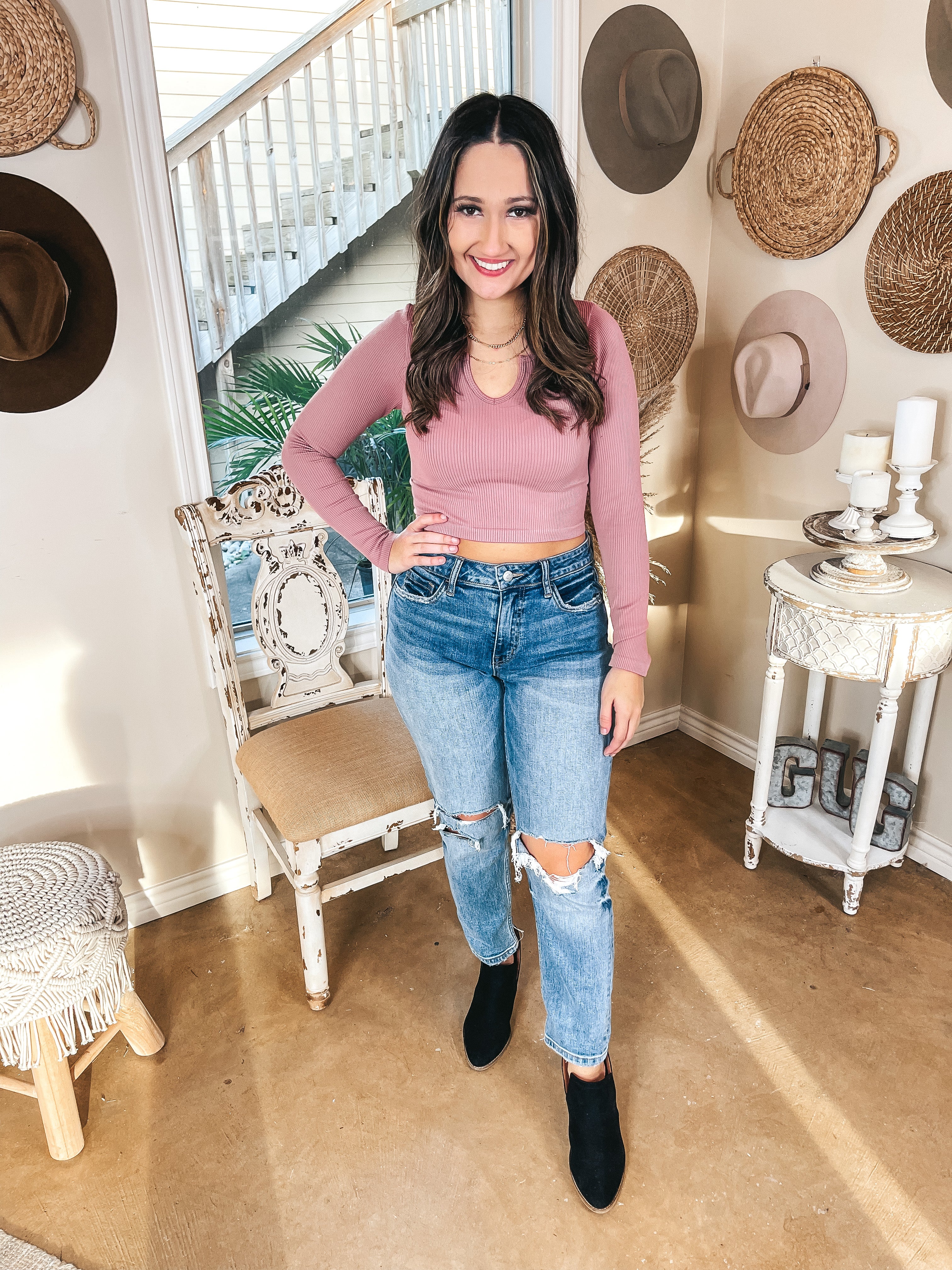 Dream Babe Notched Neckline Crop Long Sleeve Top in Ash Rose - Giddy Up Glamour Boutique