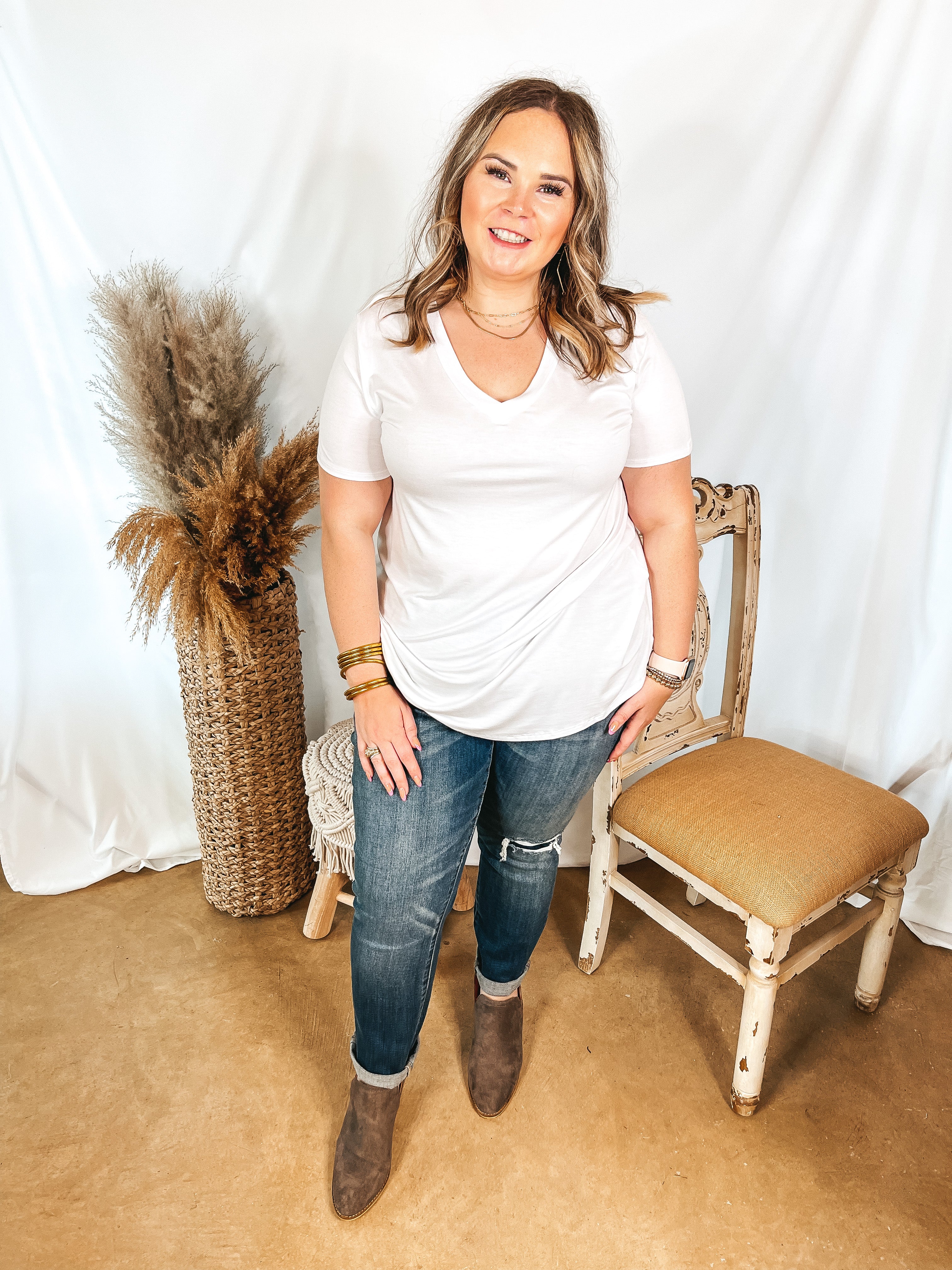 It's That Simple Solid V Neck Tee in White - Giddy Up Glamour Boutique