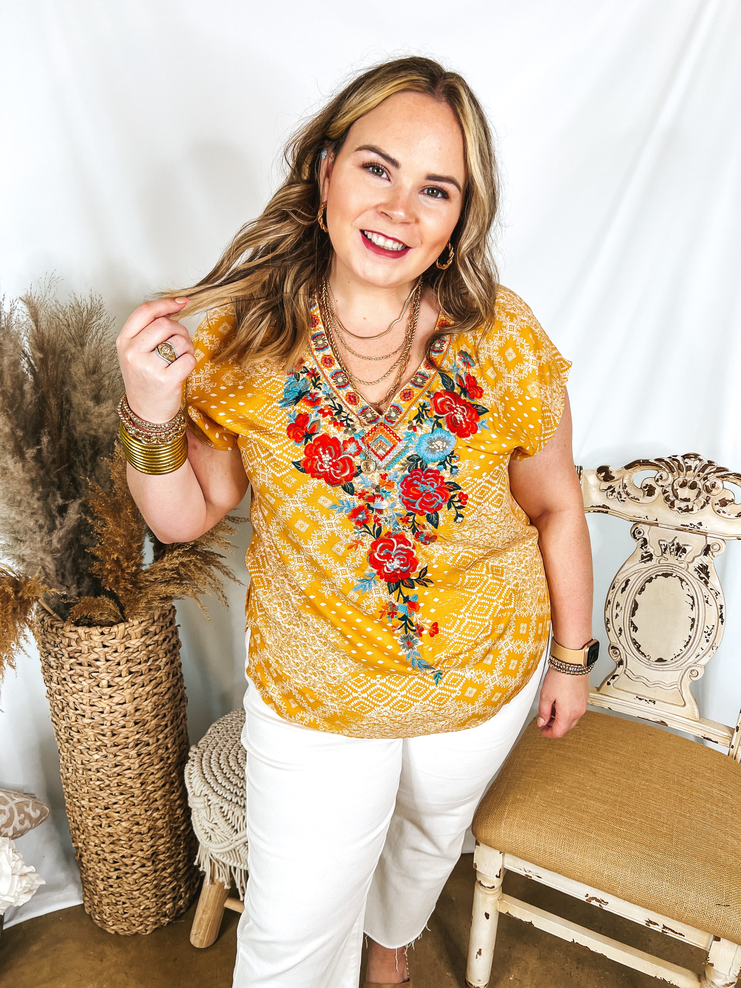 This Must Be The Place V Neck Embroidered Top in Yellow - Giddy Up Glamour Boutique
